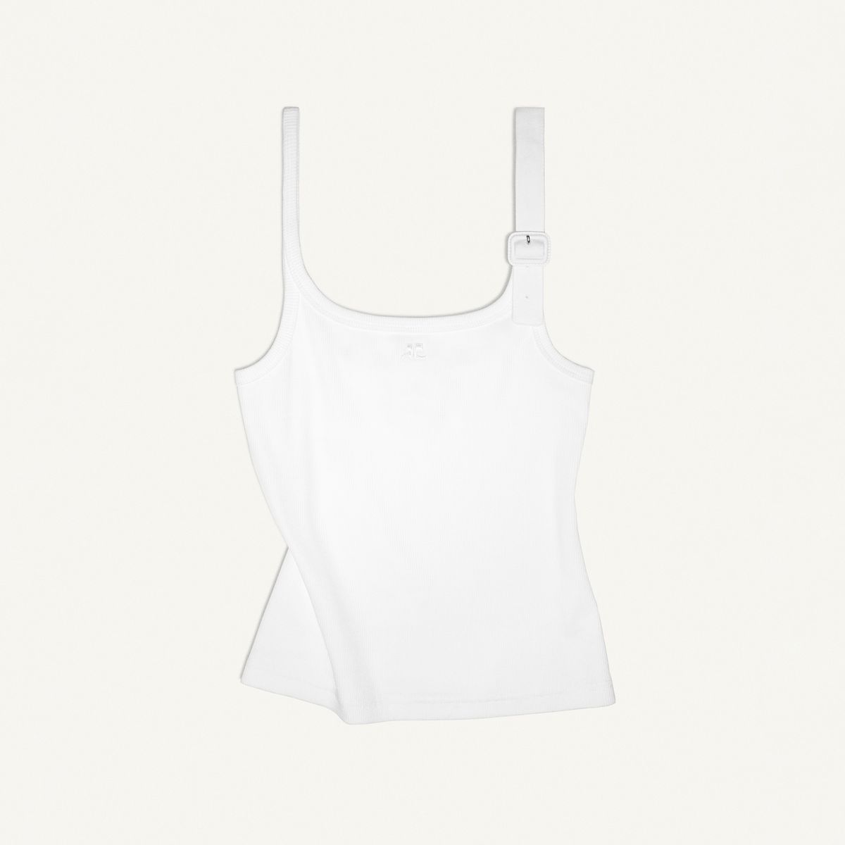Elegant white tank top with adjustable straps, perfect for Courrèges fashion collection.