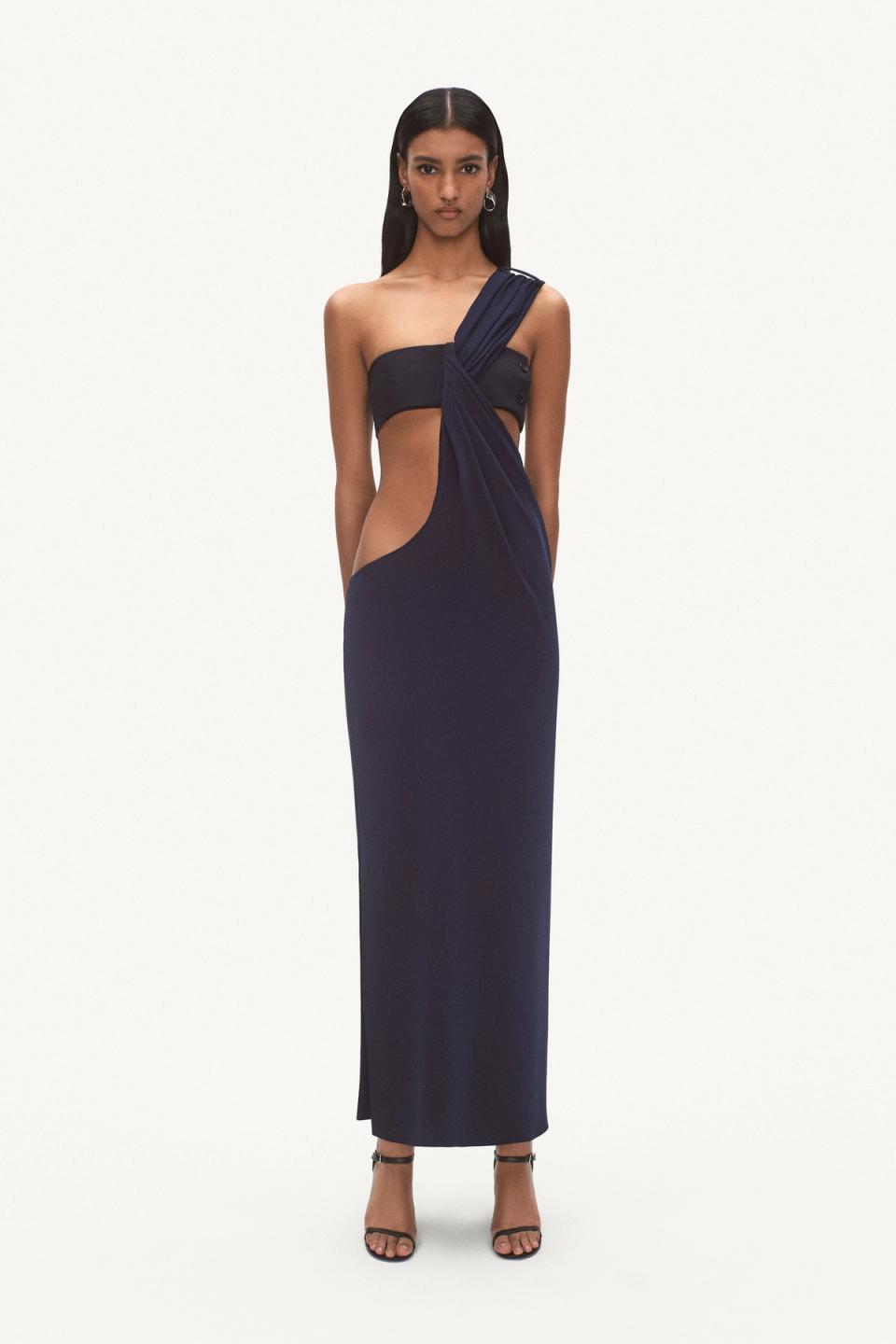 Elegant navy blue cut-out dress from Courrèges with asymmetric strap design for style.