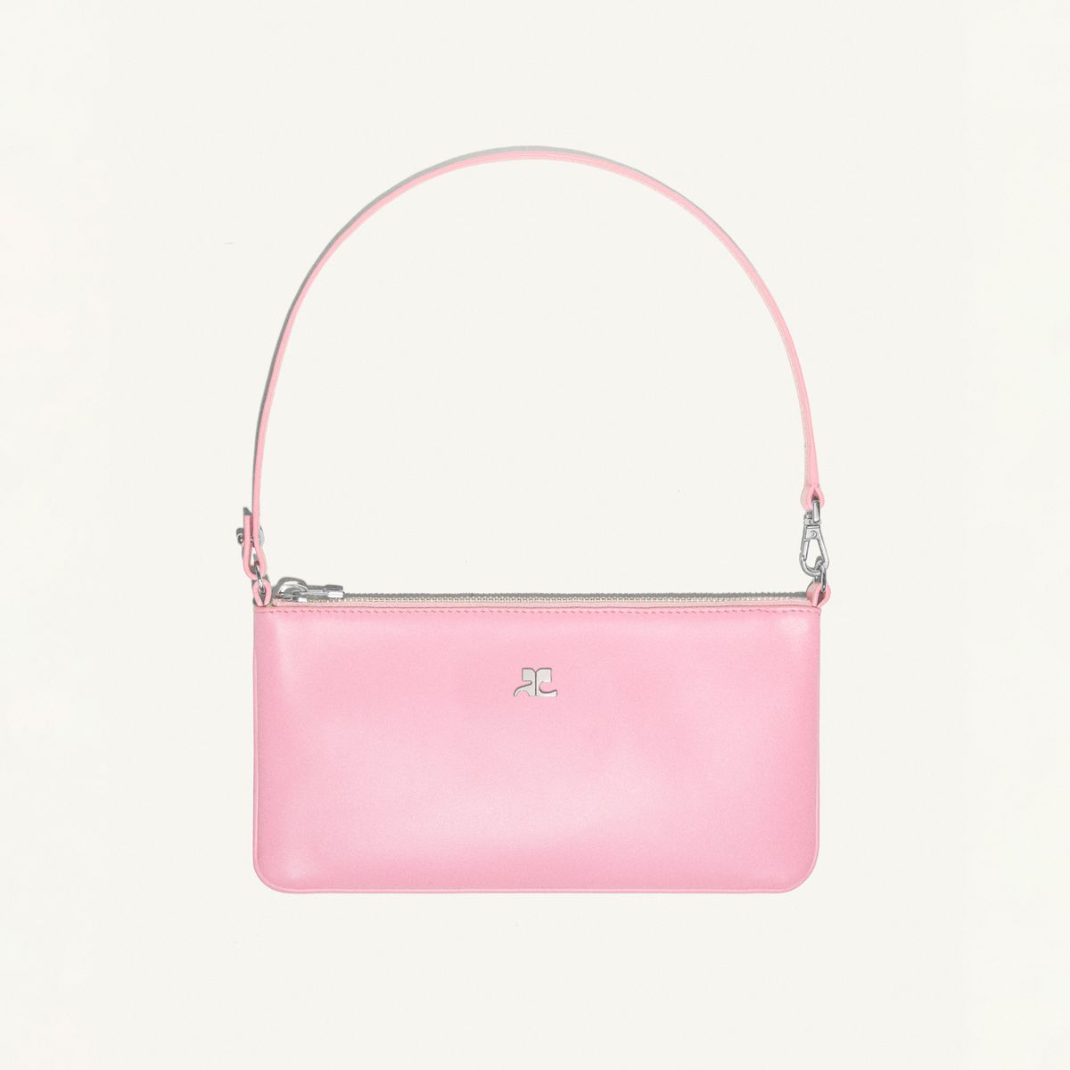 Elegant pink Courrèges handbag on a white background, perfect for fashion enthusiasts.