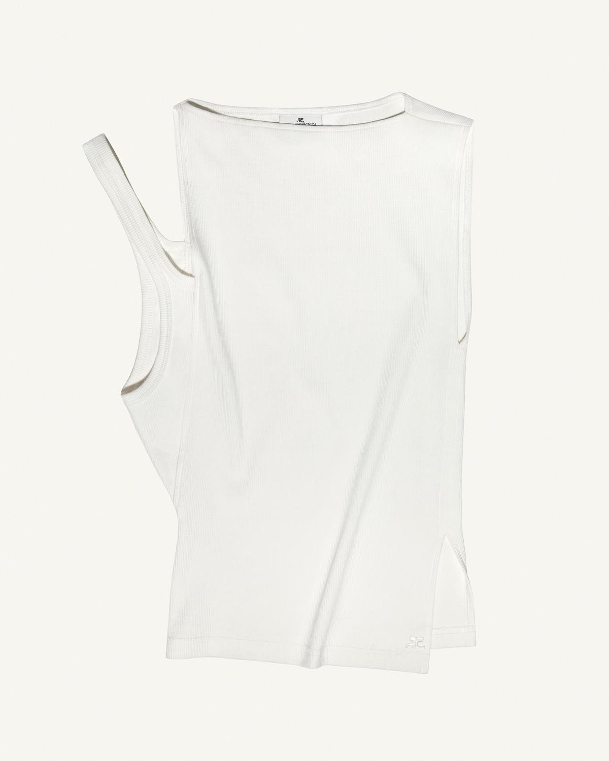 Elegant white sleeveless tank top by Courrèges, showcased on an ecommerce site for luxury fashion.