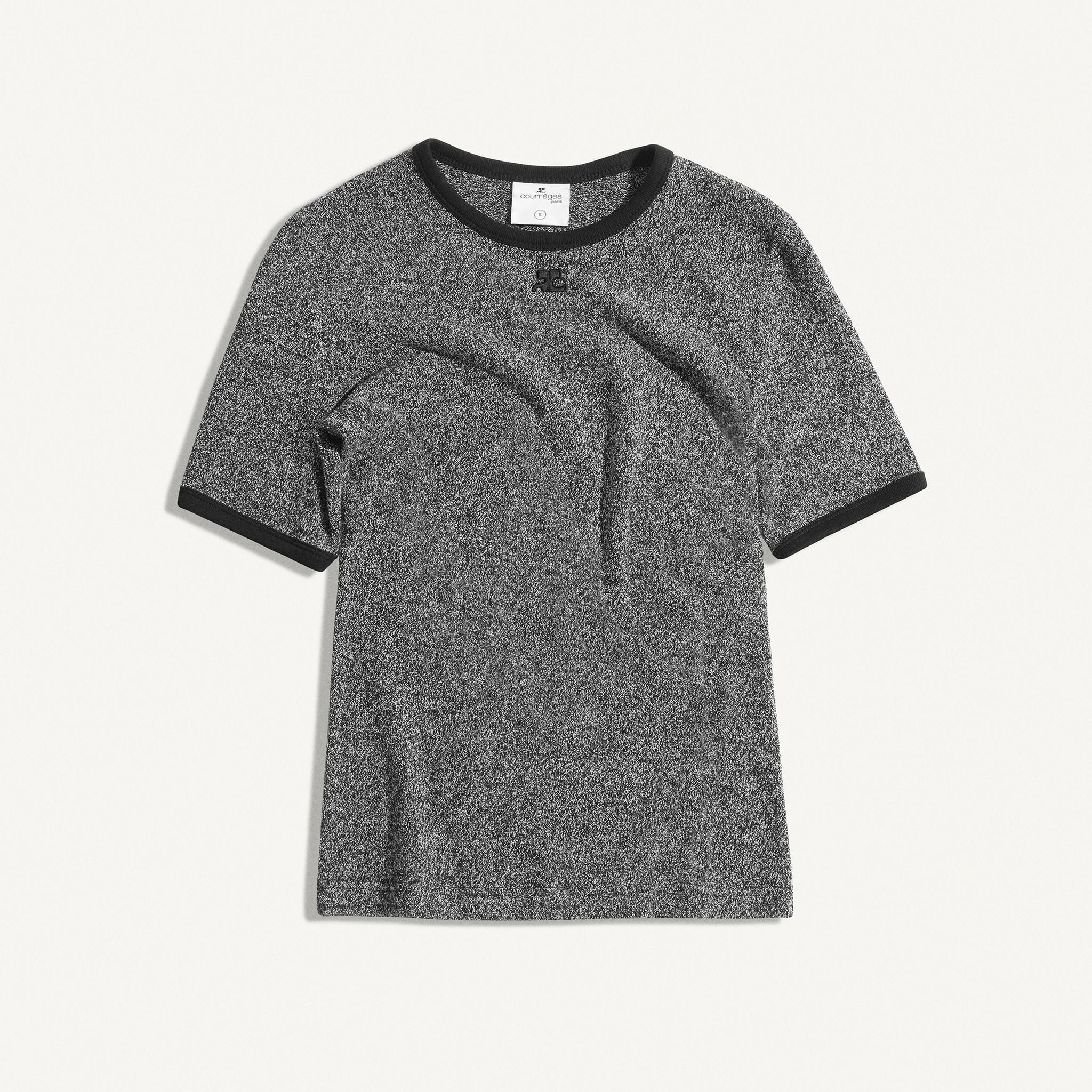 T-shirt gris et noir texturé à manches courtes de Courrèges, élégance moderne pour la mode.