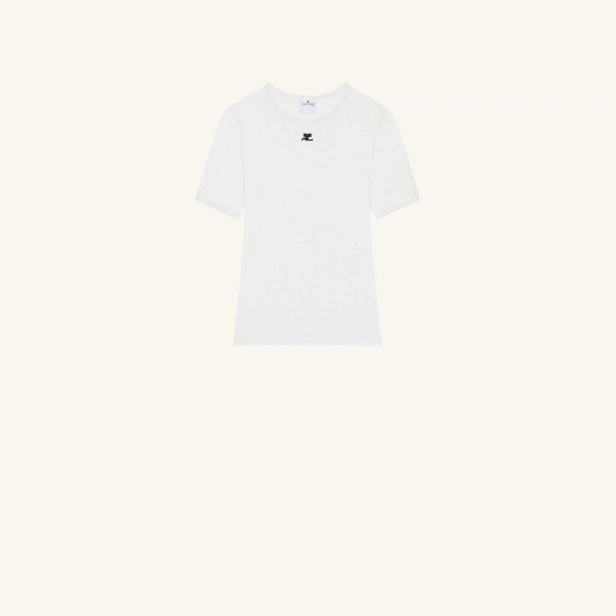 Elegant white T-shirt with Courrèges logo, perfect for modern fashion on an ecommerce site.