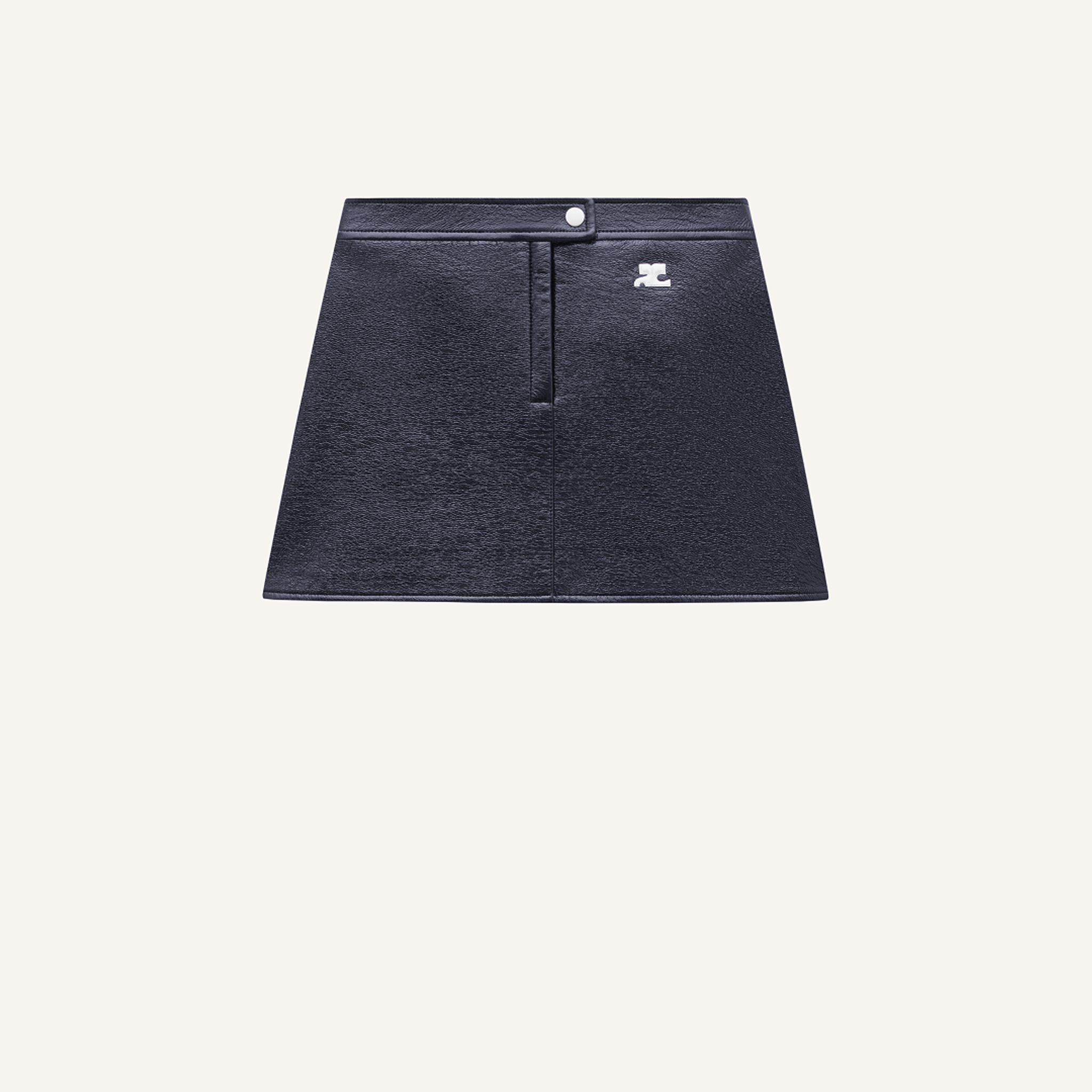 Elegant black Courrèges mini skirt with logo detail, perfect for fashion-forward looks.