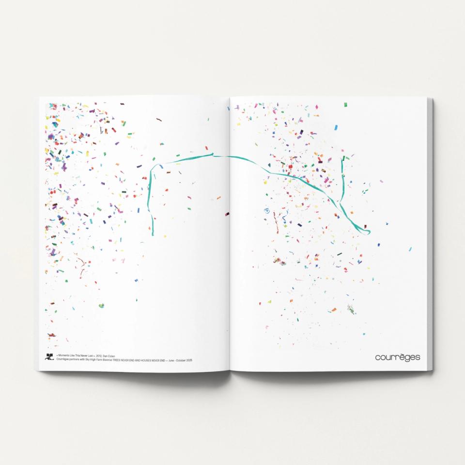 Page élégante du catalogue Courrèges avec confettis colorés et texte minimal pour ecommerce.
