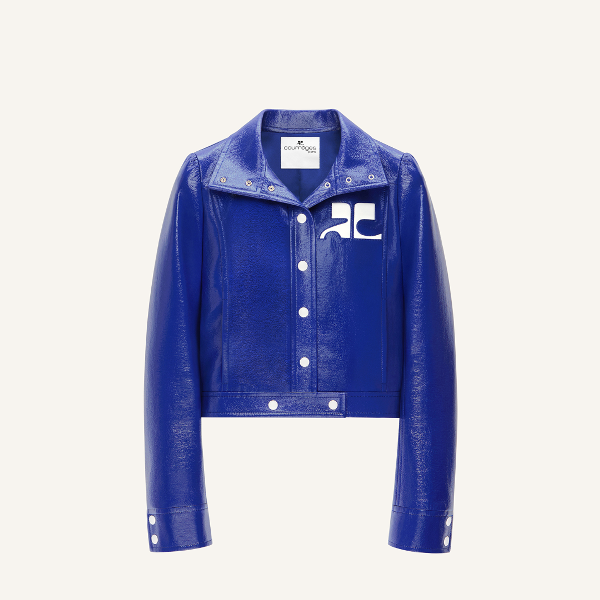Elegant blue leather Courrèges jacket with logo on the chest, perfect for fashion-forward styles.