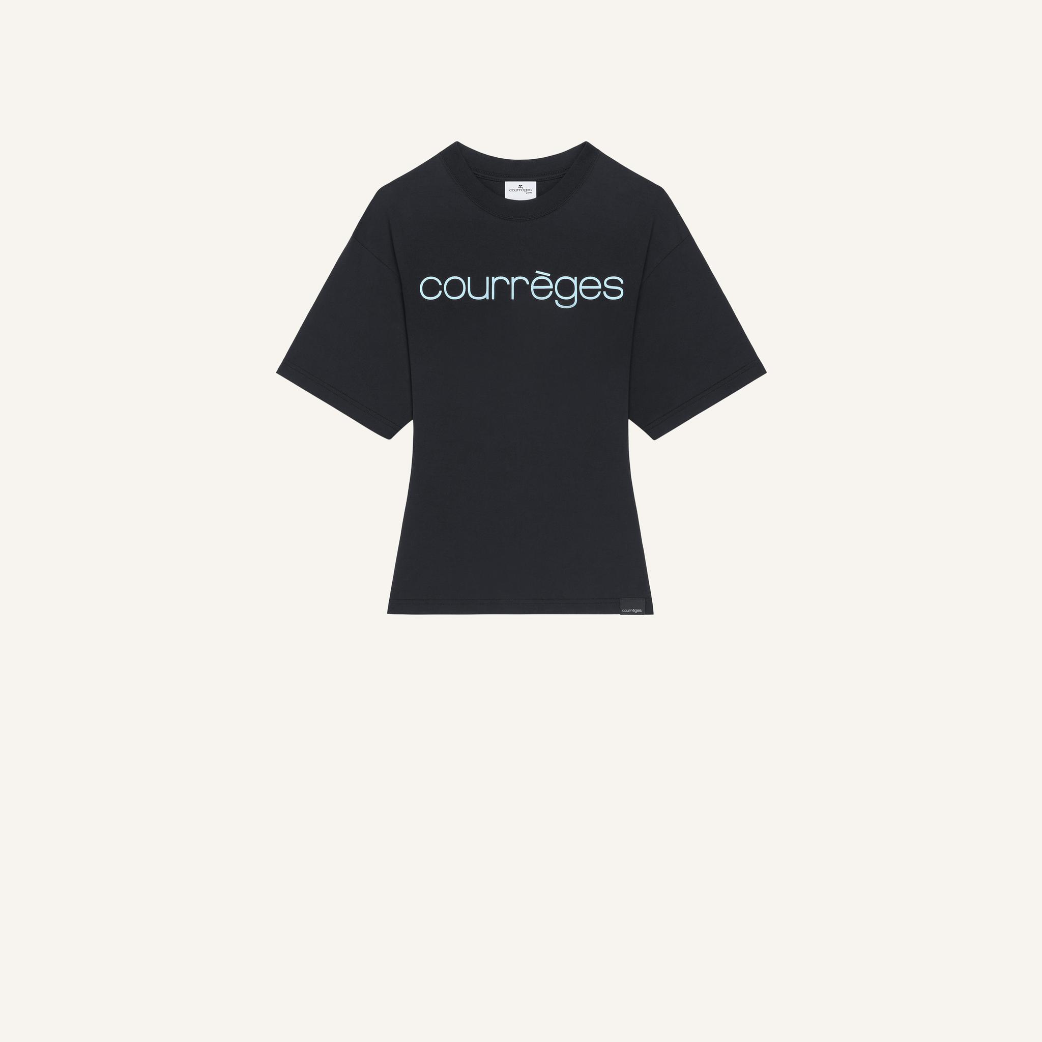Elegant black Courrèges t-shirt with blue logo, perfect for a chic fashion look on an ecommerce site.