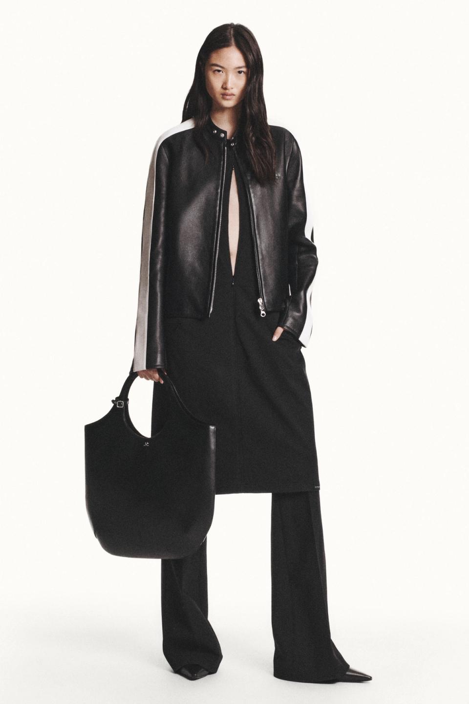 Elegant black leather jacket and trousers from Courrèges for a stylish modern look.