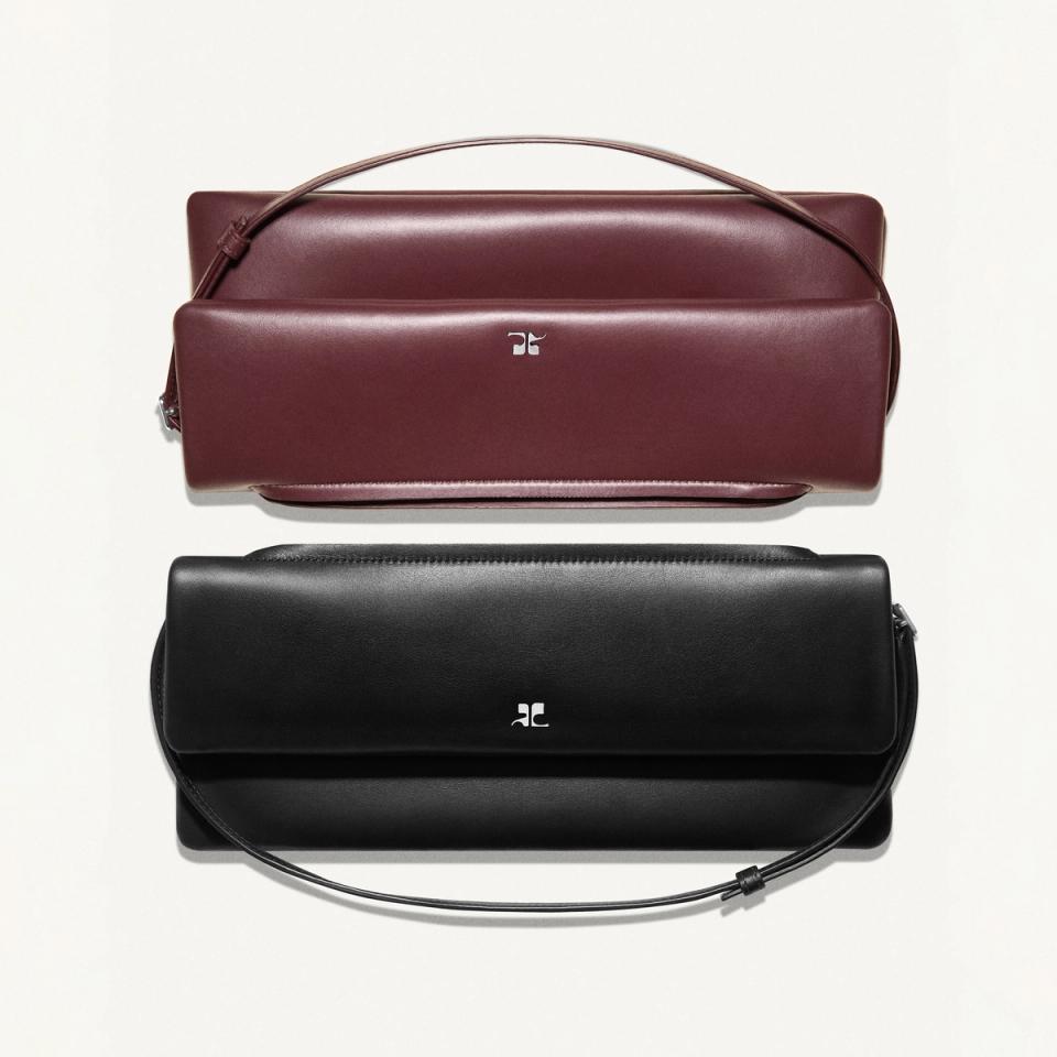 Elegant leather handbags from Courrèges, showcased in burgundy and black, ideal for fashion lovers.
