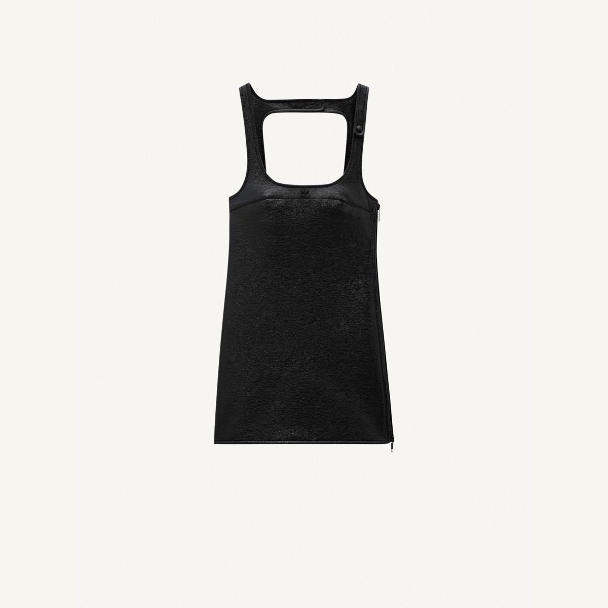 Black sleeveless mini dress with a square neckline and glossy finish, presented on a plain background.