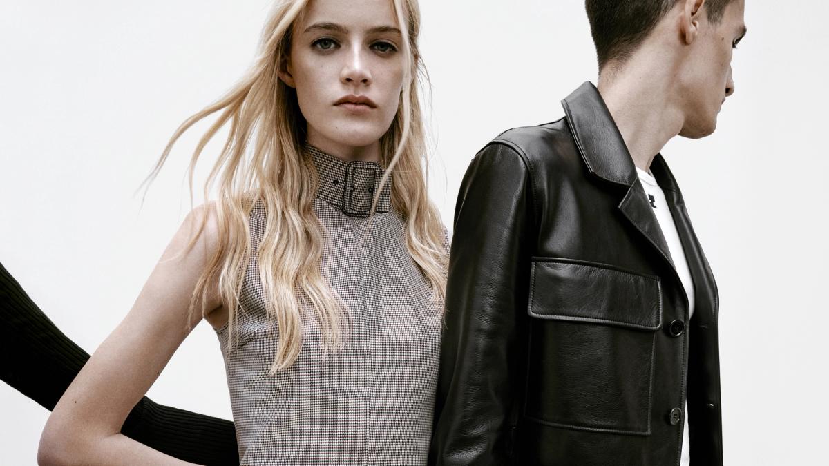 Elegant fashion photography featuring models showcasing Courrèges apparel and accessories.