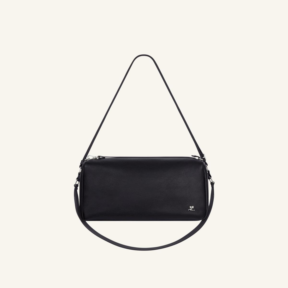 Elegant black leather shoulder bag featuring minimalist design, perfect for Courrèges fashion.