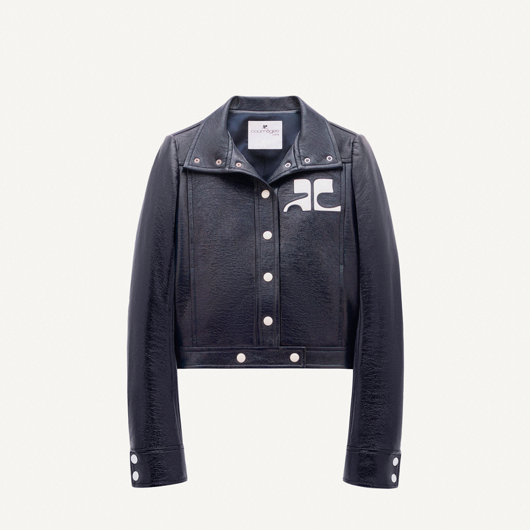 Elegant black leather jacket featuring white logo detail, ideal for Courrèges fashion collections.