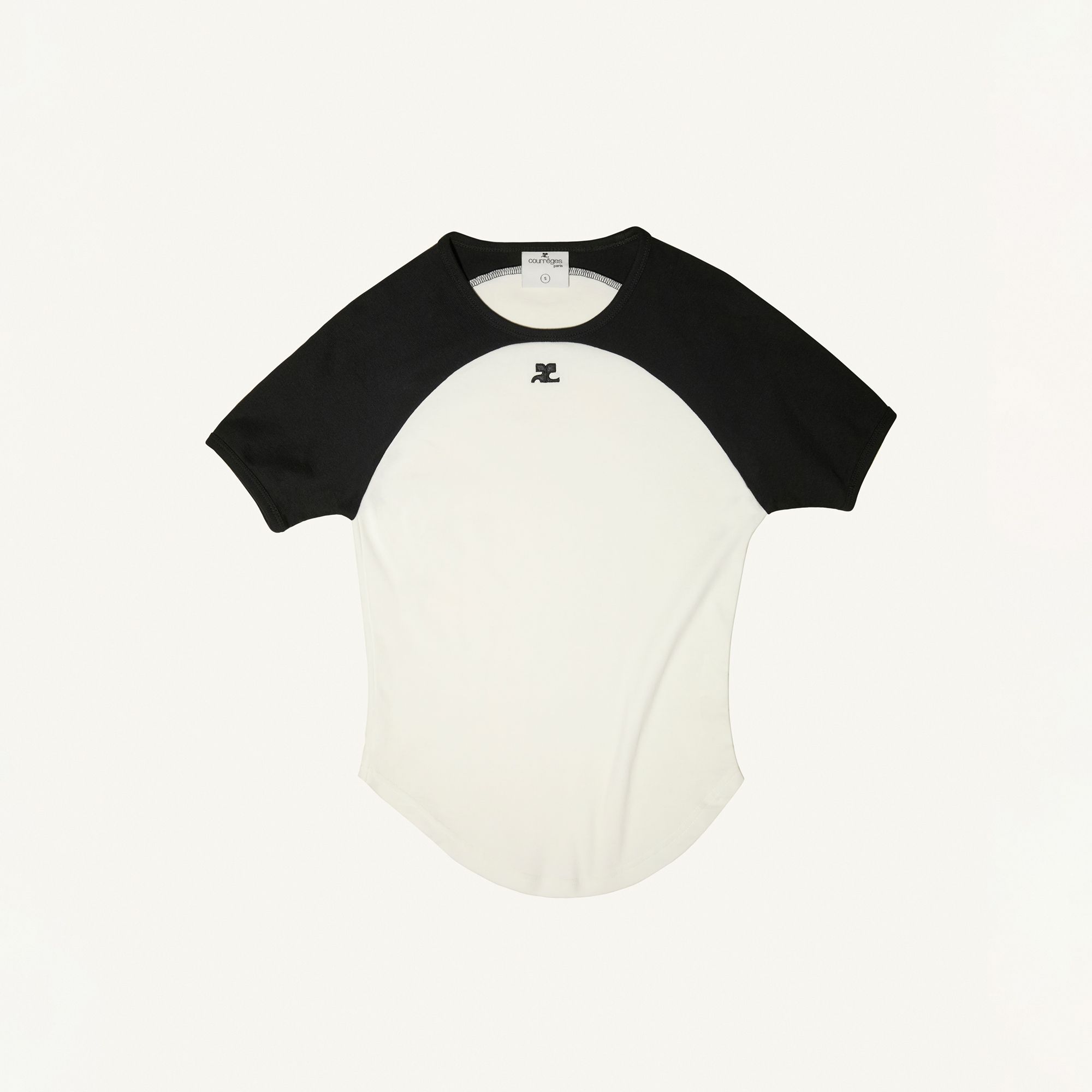 Elegant black and white Courrèges t-shirt with logo, perfect for fashion-forward outfits.