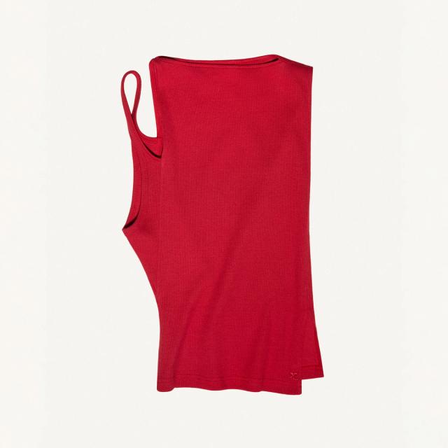 Elegant red sleeveless tank top by Courrèges, perfect for modern fashion styling.