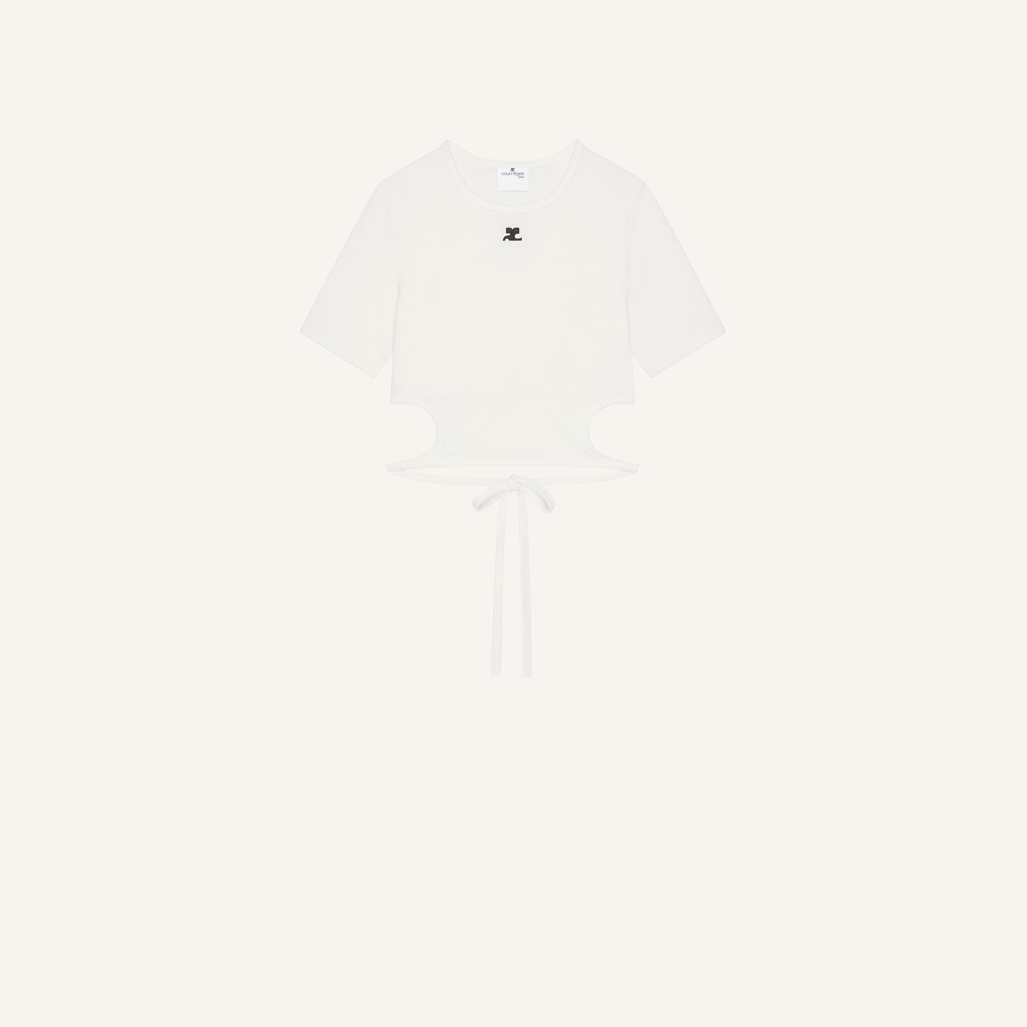 Elegant white Courrèges T-shirt with cut-outs and a front tie, showcasing modern fashion design.