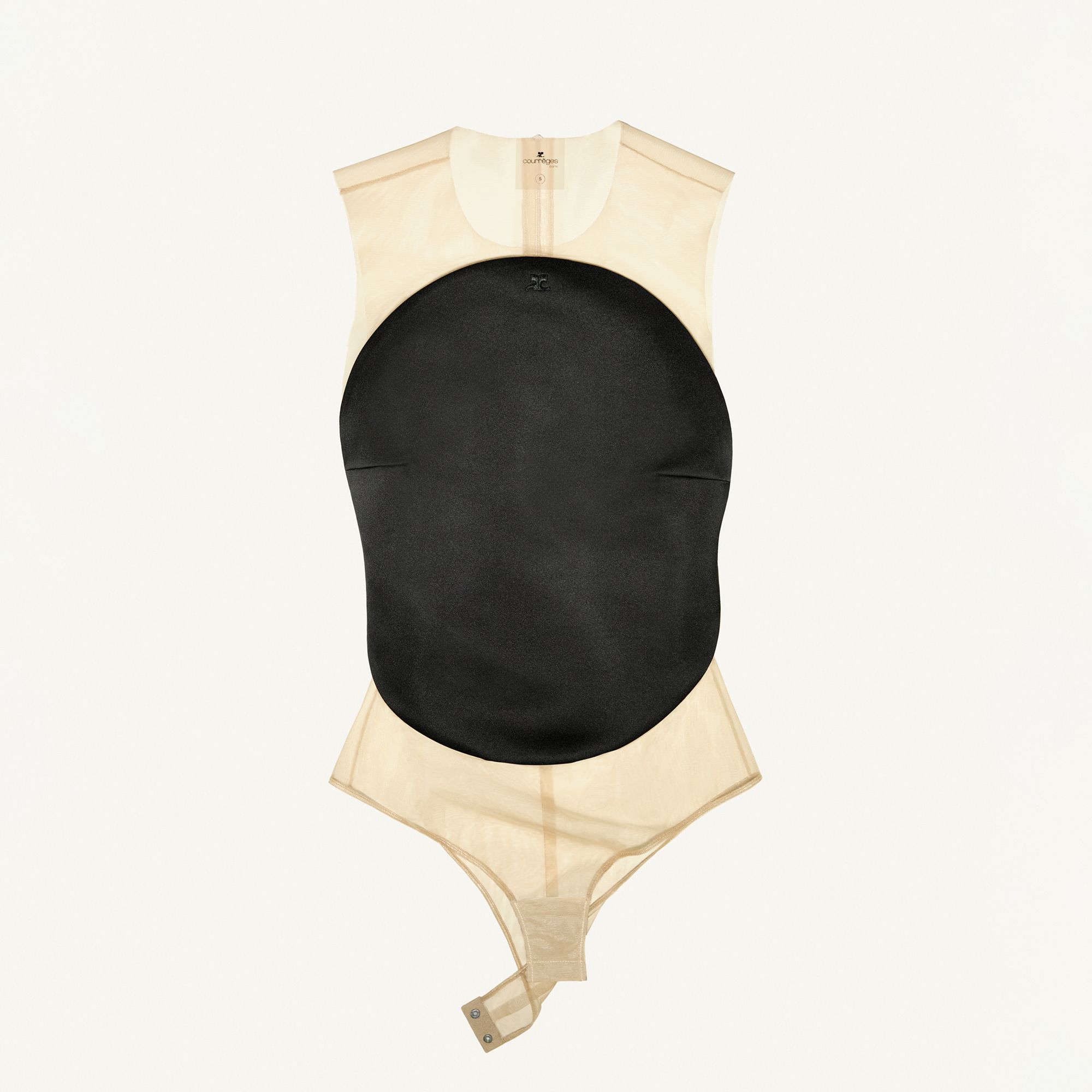 Elegant beige and black designer bodysuit from Courrèges with modern minimalist style.
