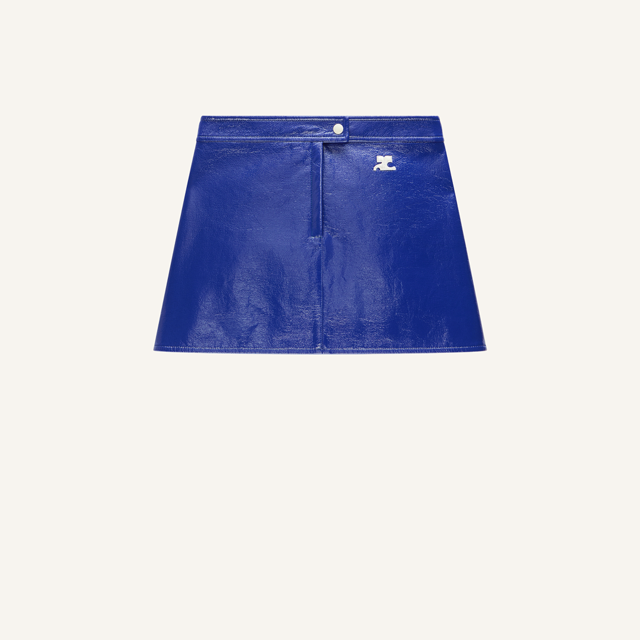 Elegant blue leather skirt by Courrèges showcased on an ecommerce website.