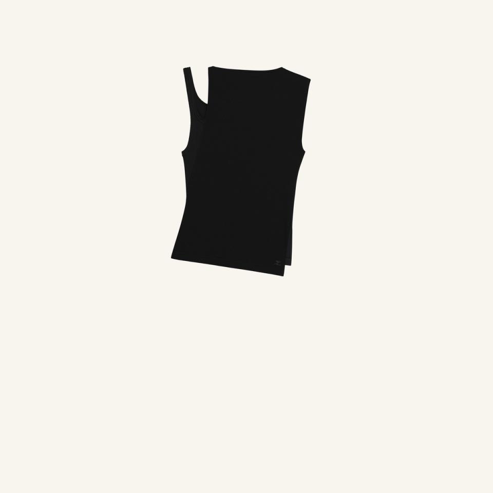 Top noir sans manches Courrèges élégant, idéal pour un style moderne.