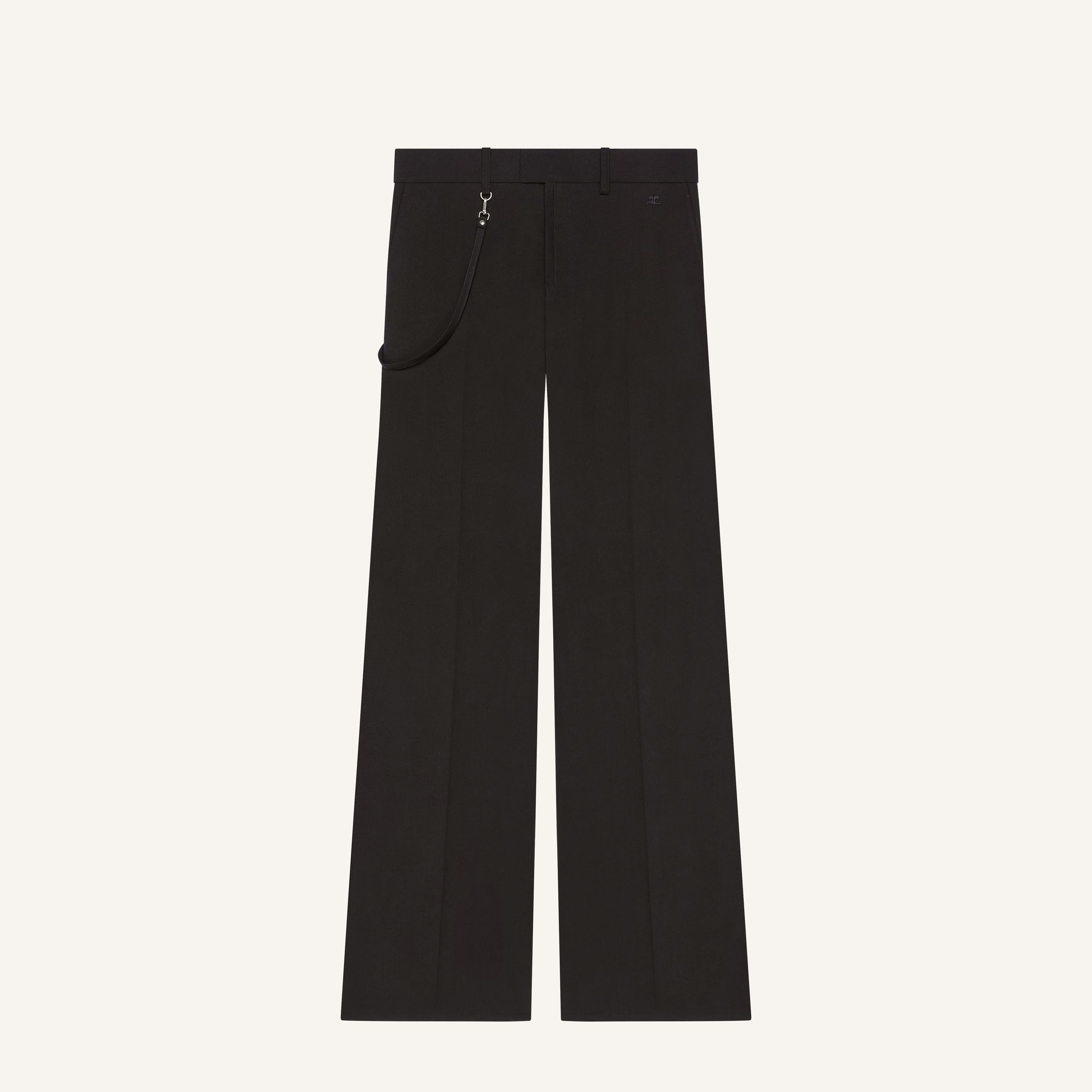 Pantalon noir évasé élégant avec branding discret Courrèges, idéal pour la mode moderne.