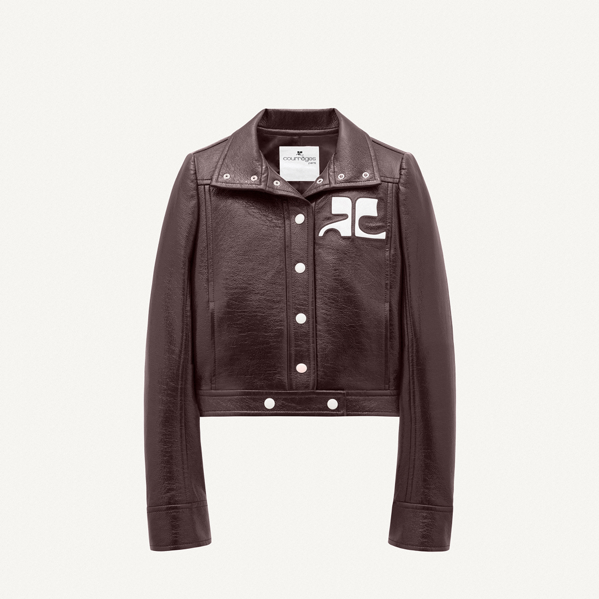 Elegant leather jacket with Courrèges logo, perfect for fashion-forward styles on an ecommerce site.
