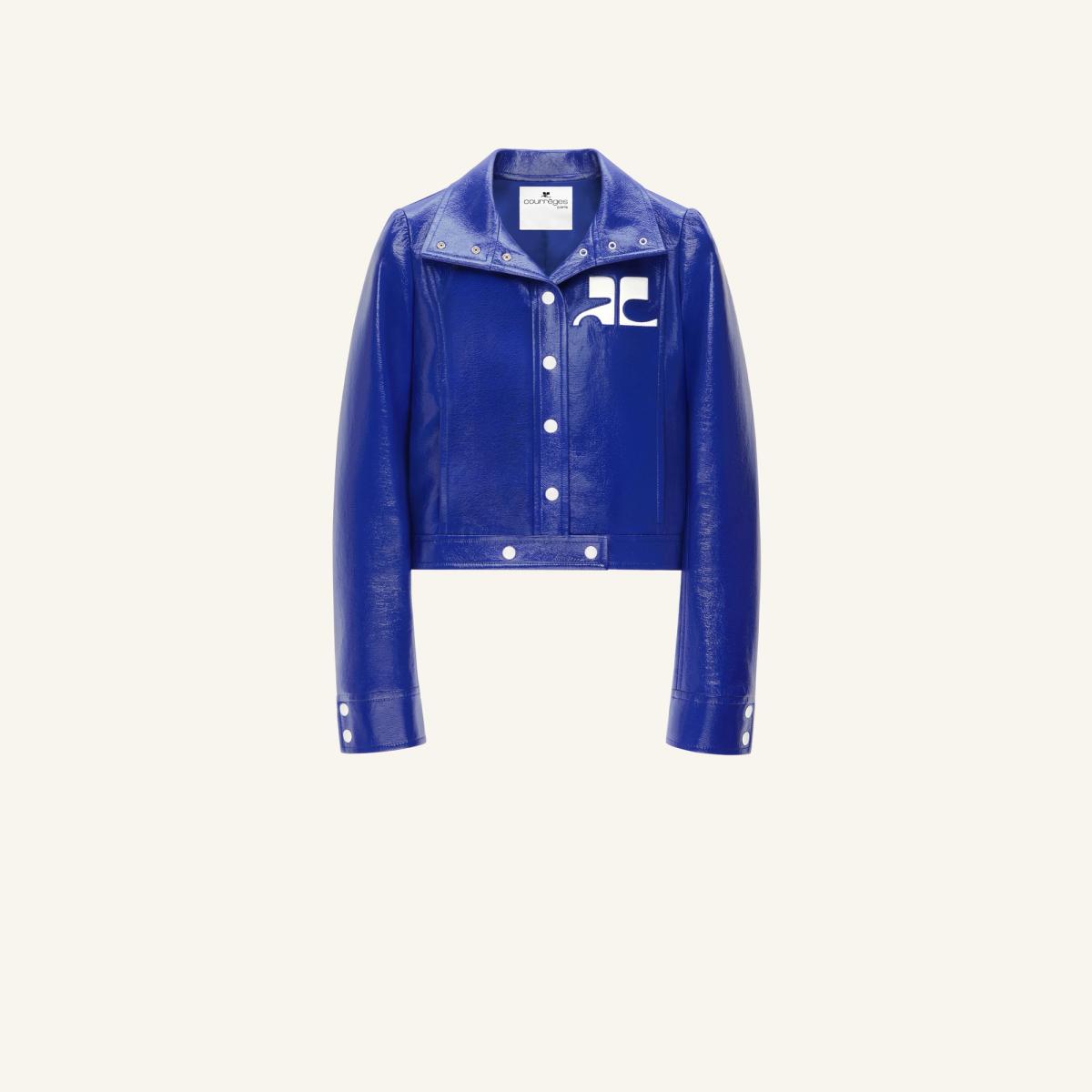 Stylish blue leather jacket with Courrèges logo, ideal for modern fashion lovers on an ecommerce site.