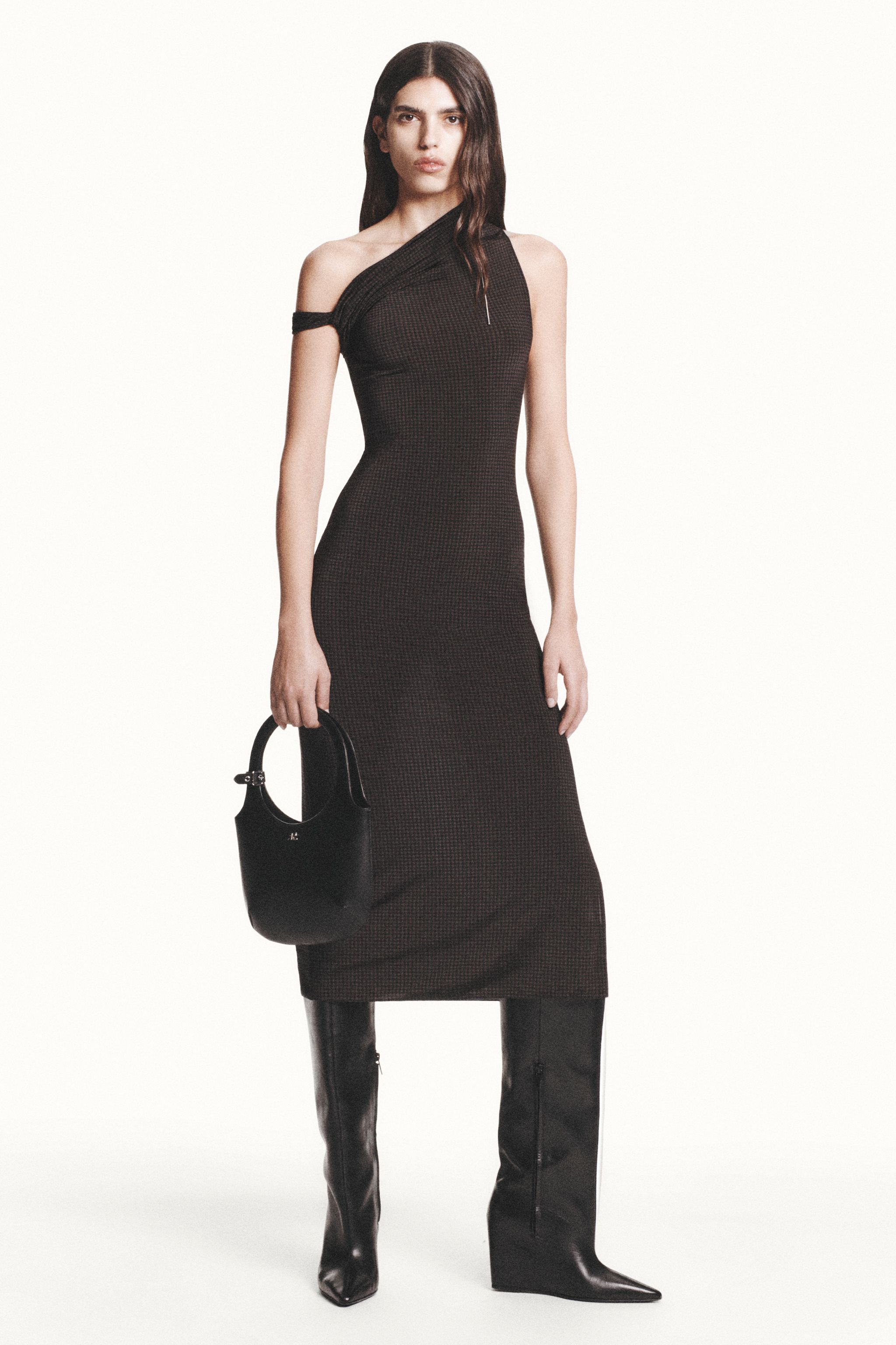 Elegant black midi dress with one shoulder design, showcasing Courrèges fashion for women.