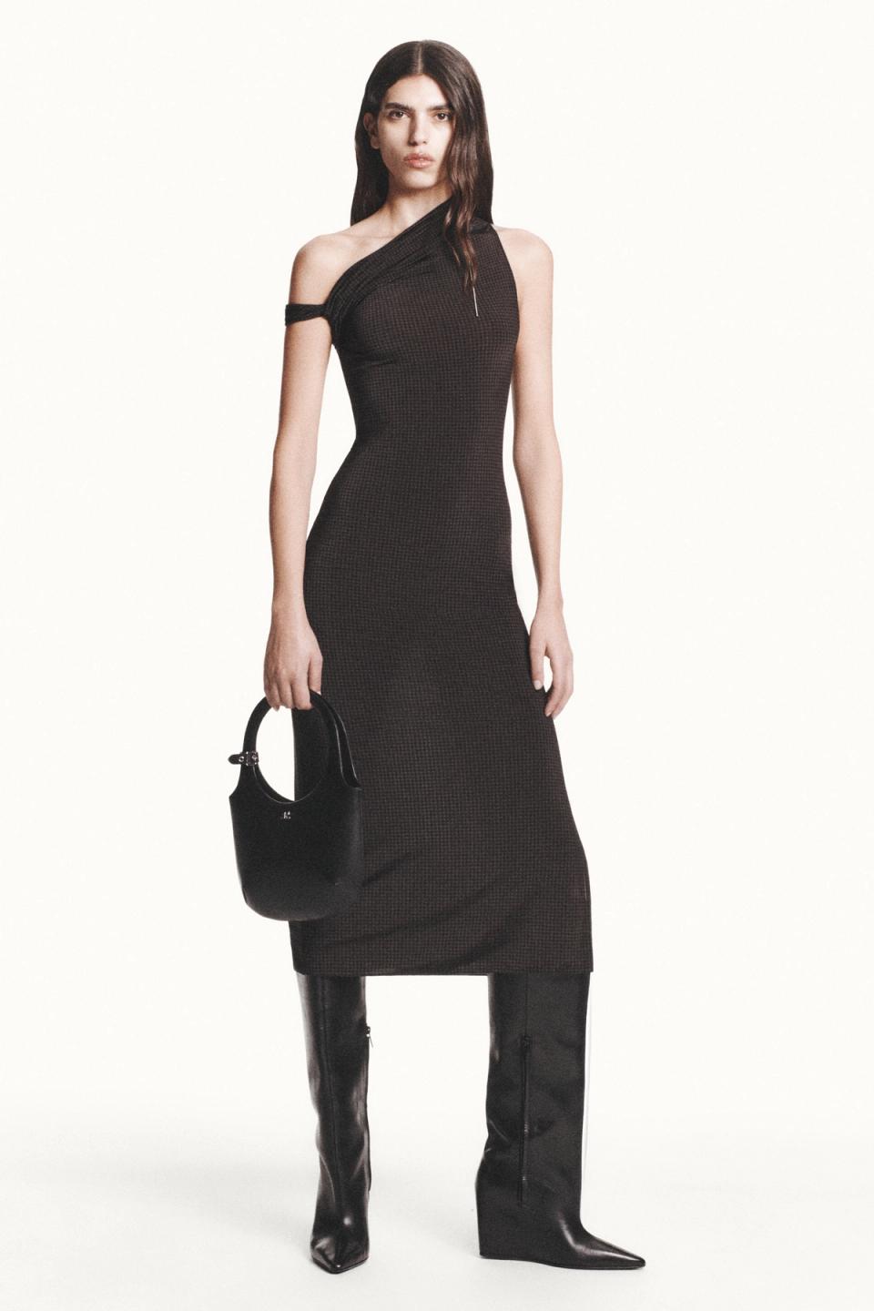 Elegant black midi dress with one shoulder design, showcasing Courrèges fashion for women.