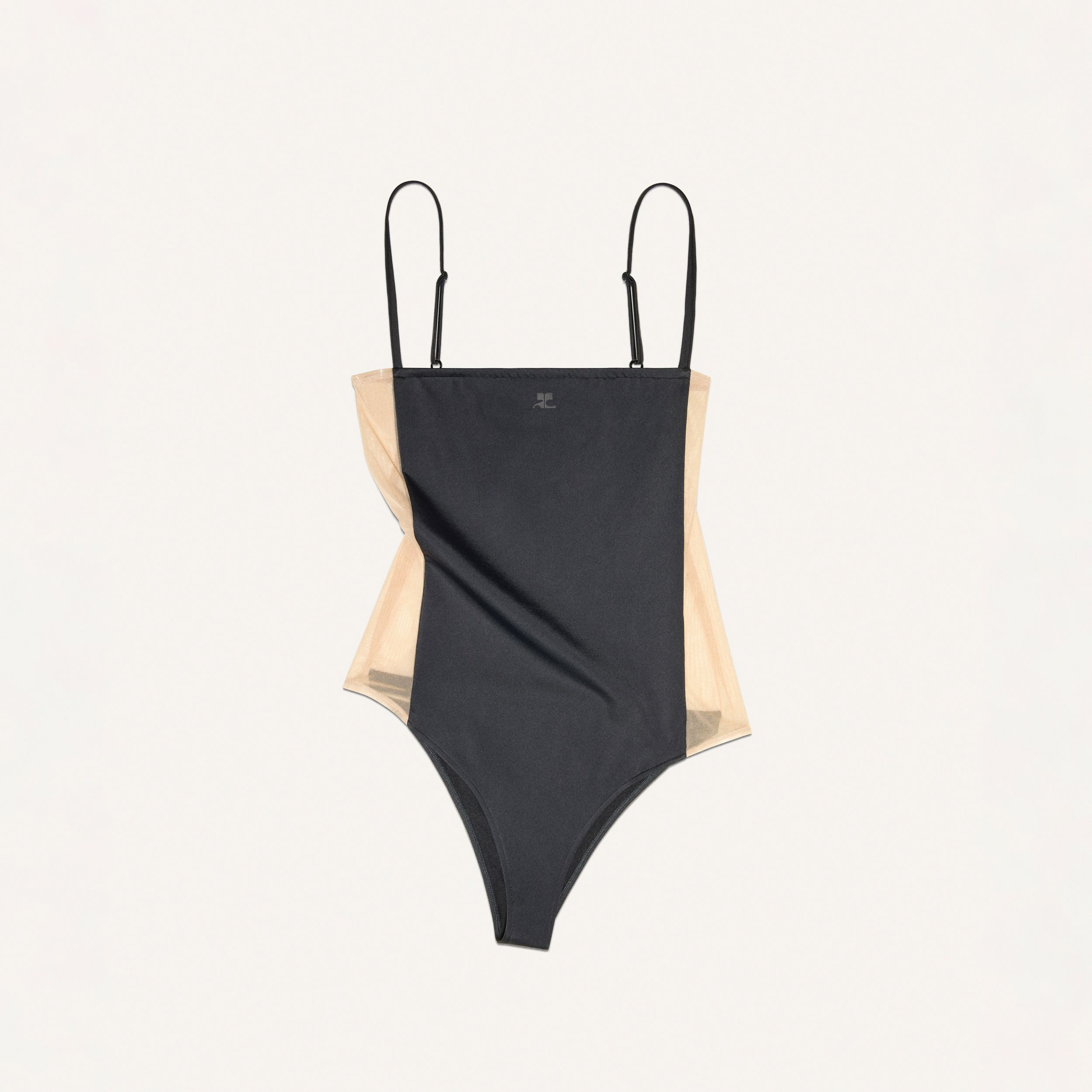 Elegant Courrèges women's swimsuit with a sleek black front and beige sides for stylish swimwear.