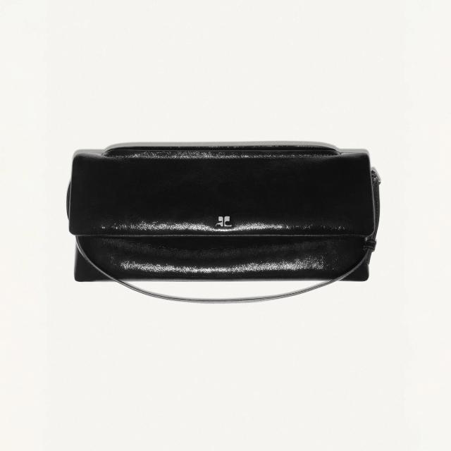 Elegant black leather bag by Courrèges, perfect for contemporary fashion accessories.
