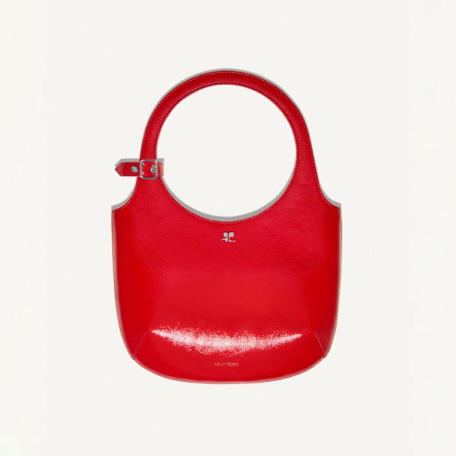 Elegant red leather handbag by Courrèges, ideal for a chic fashion statement on an eCommerce site.