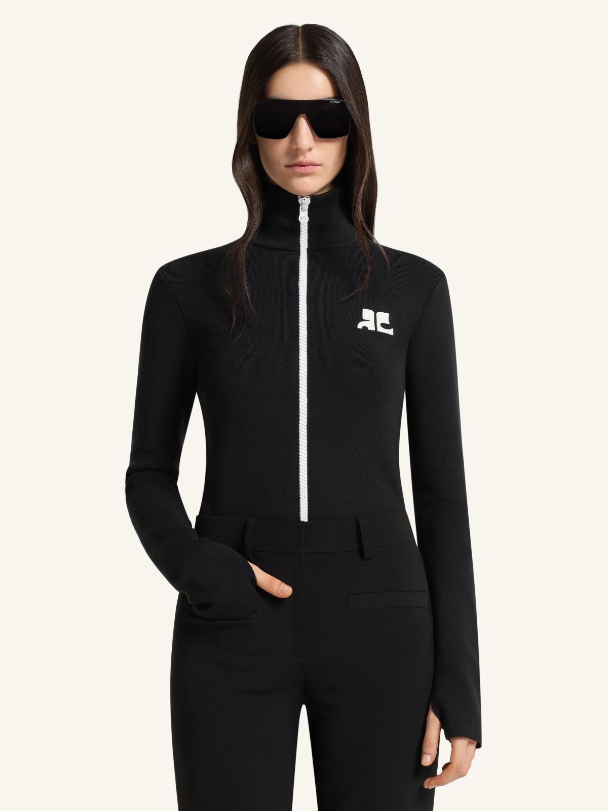 Elegant black zip-up jacket with Courrèges logo, stylish for fashion-forward ecommerce shoppers.