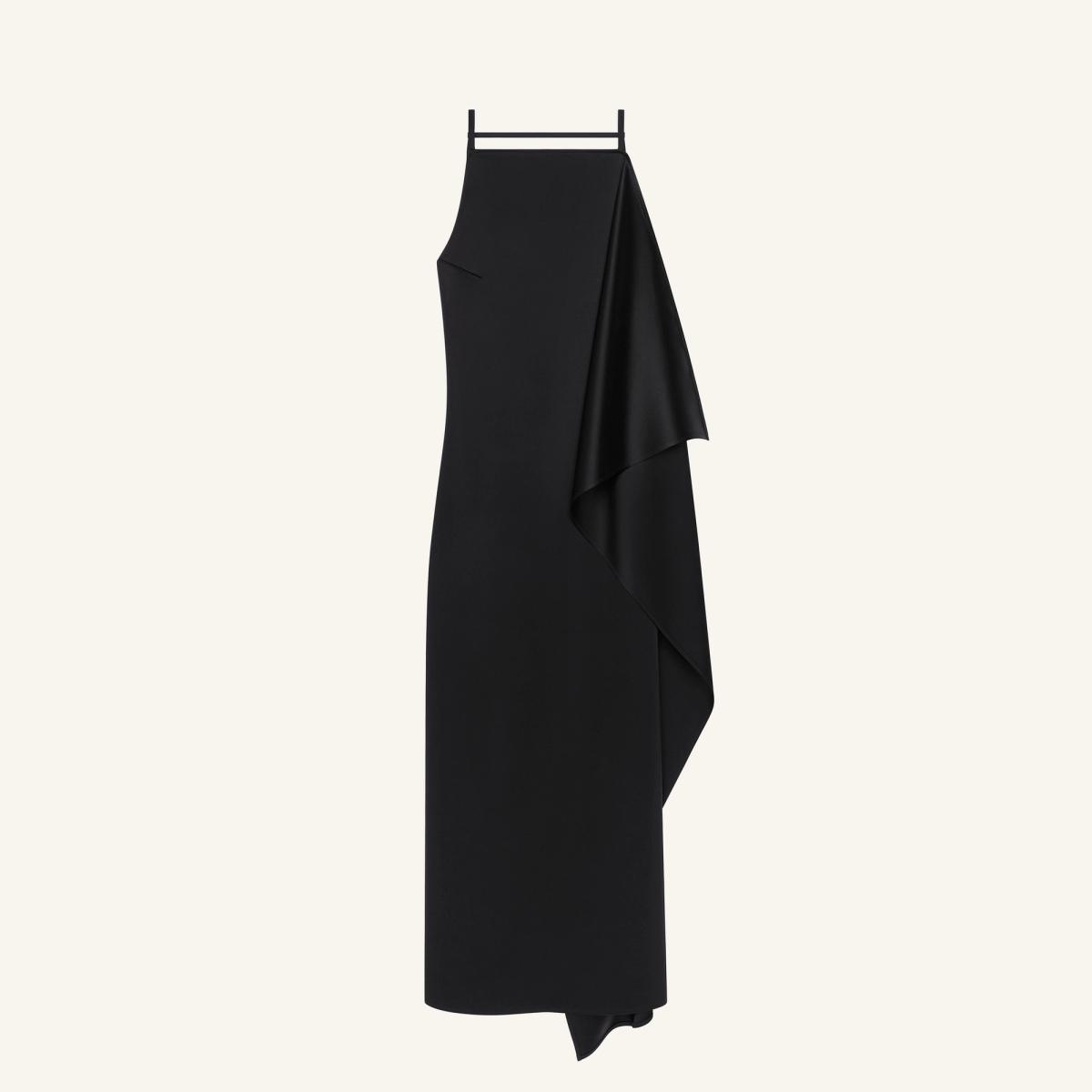 Elegant black Courrèges evening dress with asymmetric ruffle design, perfect for stylish occasions.