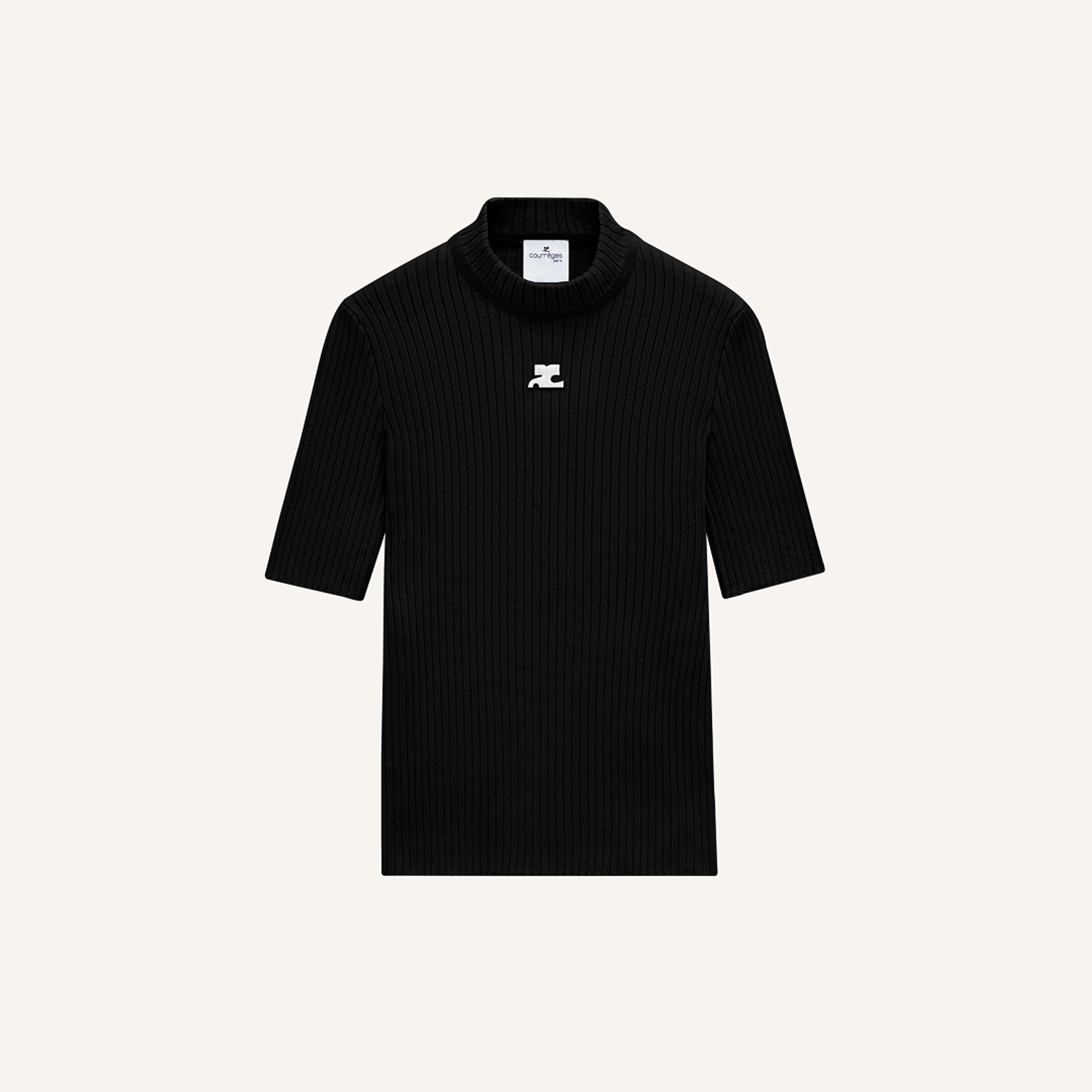 Elegant black ribbed turtleneck dress by Courrèges for modern chic fashion enthusiasts.