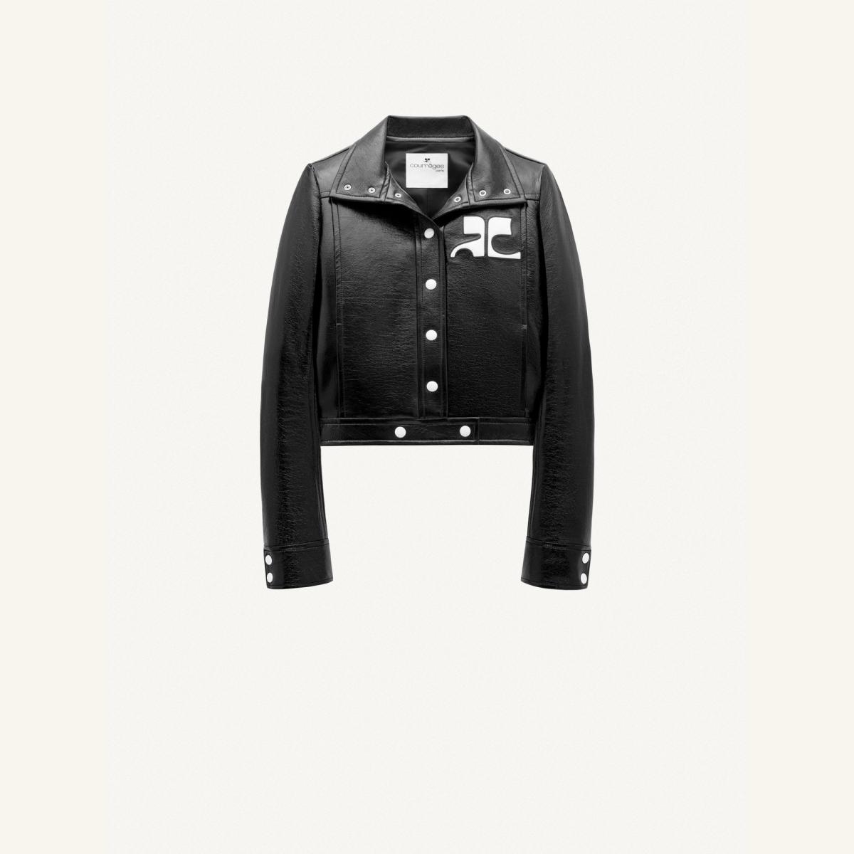 Black cropped leather jacket with white Courrèges logo, minimalist design, silver buttons, plain background.
