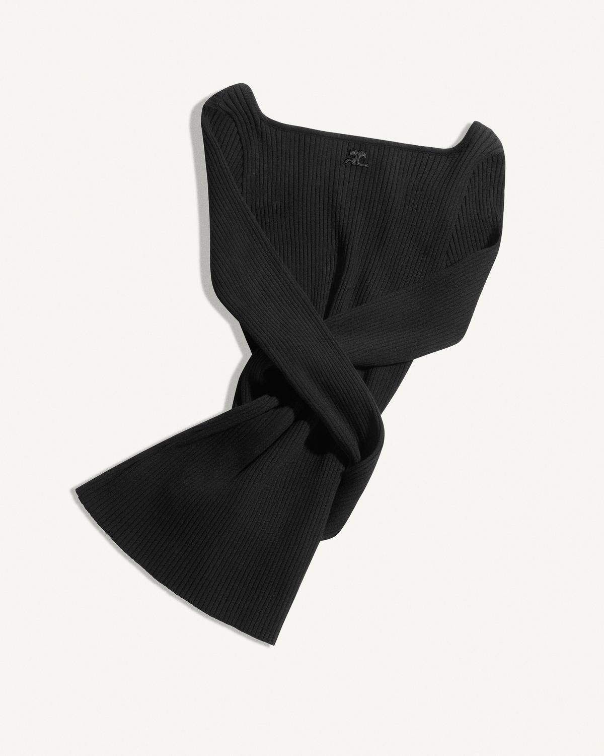 Elegant black ribbed knit dress by Courrèges, modern minimal chic, perfect for fashion lovers.