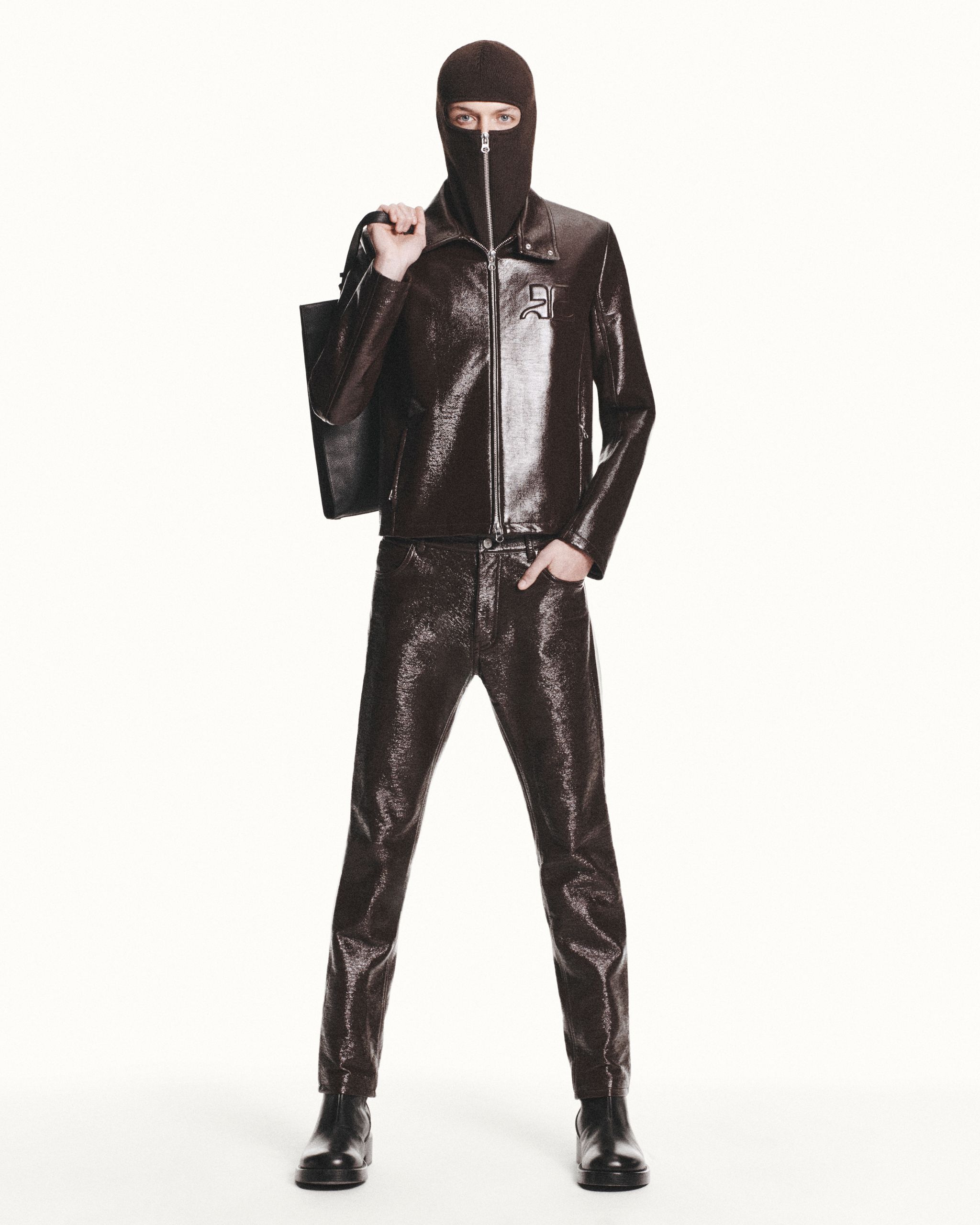 Elegant dark leather outfit featuring a jacket and trousers, styled for Courrèges fashion on an ecommerce site.