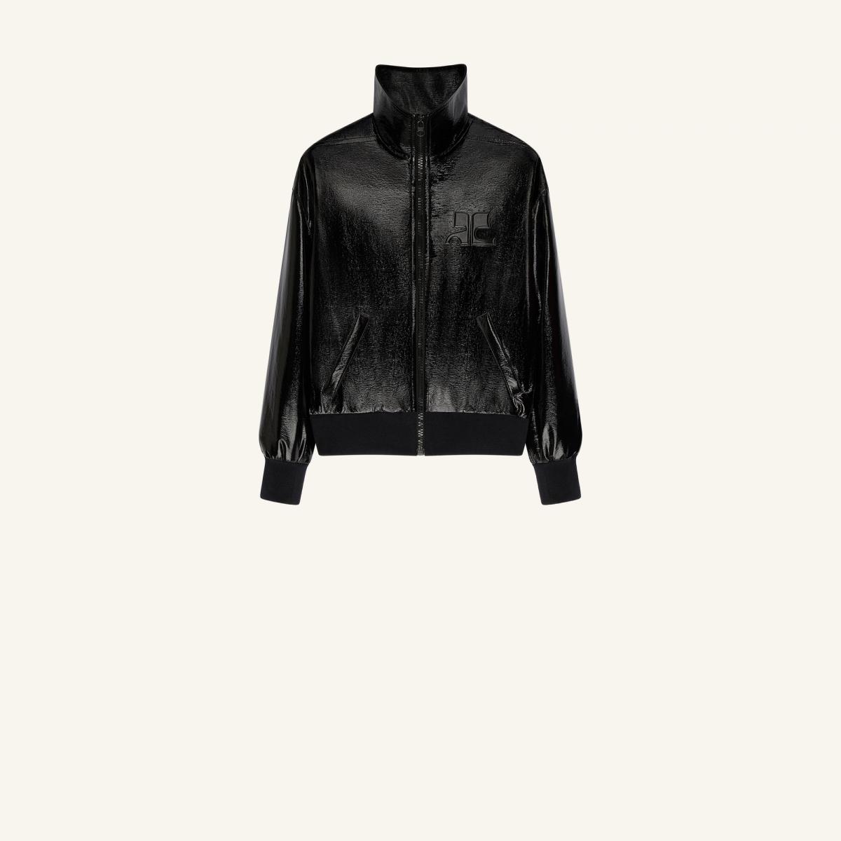 Elegant black patent leather bomber jacket by Courrèges, with logo detail, perfect for fashion-forward looks.