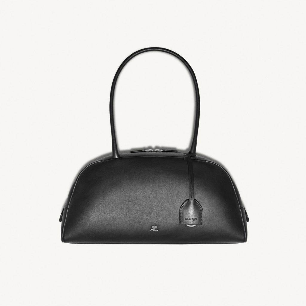 Elegant black leather handbag by Courrèges for modern fashion accessories on an ecommerce site.