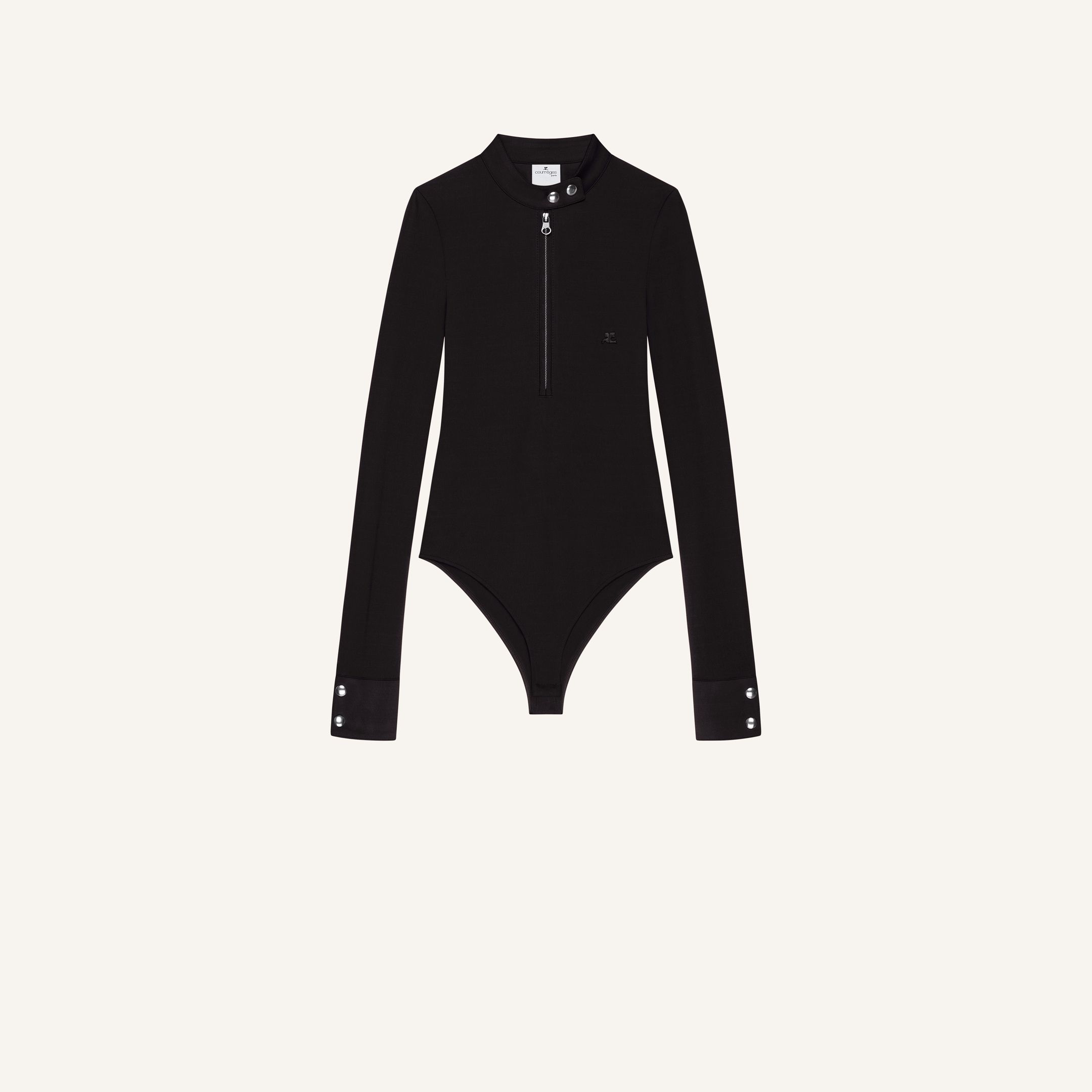 Elegant black Courrèges bodysuit with a high collar, zipper detail, and long sleeves.