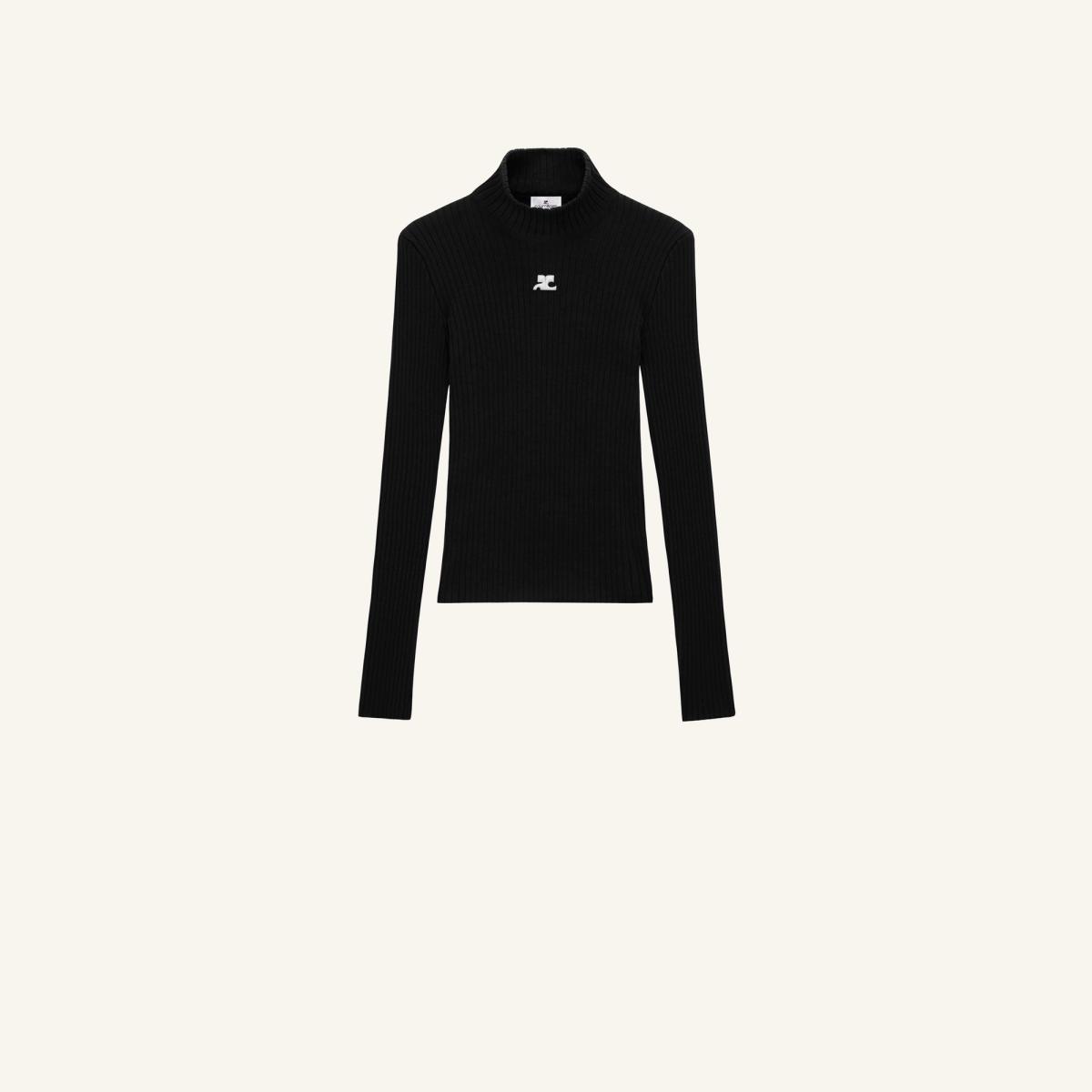 Black ribbed knit long-sleeve turtleneck top with white Courrèges logo on chest, minimalist style.