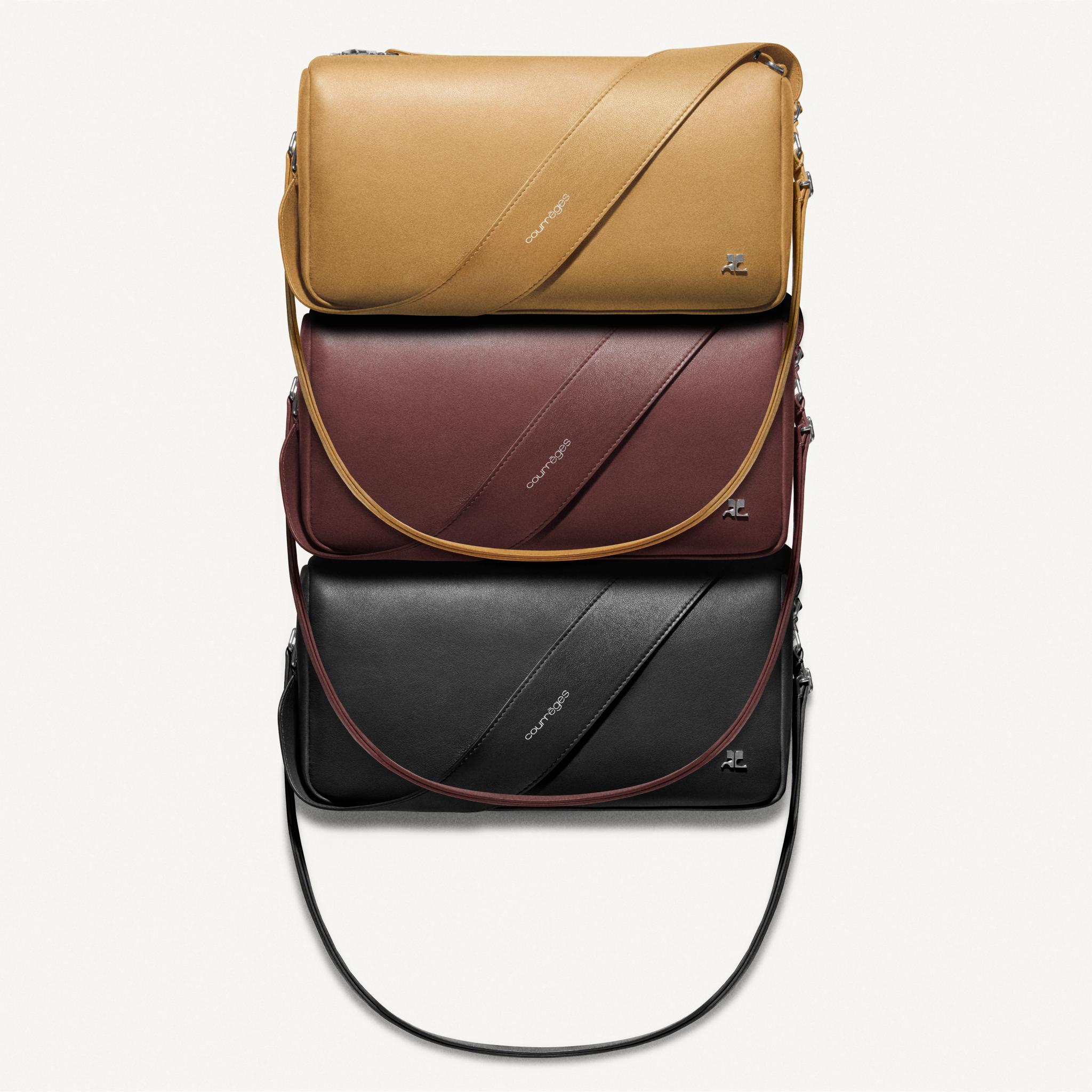 Elegant Courrèges handbags in beige, burgundy, and black, perfect for stylish accessorizing.