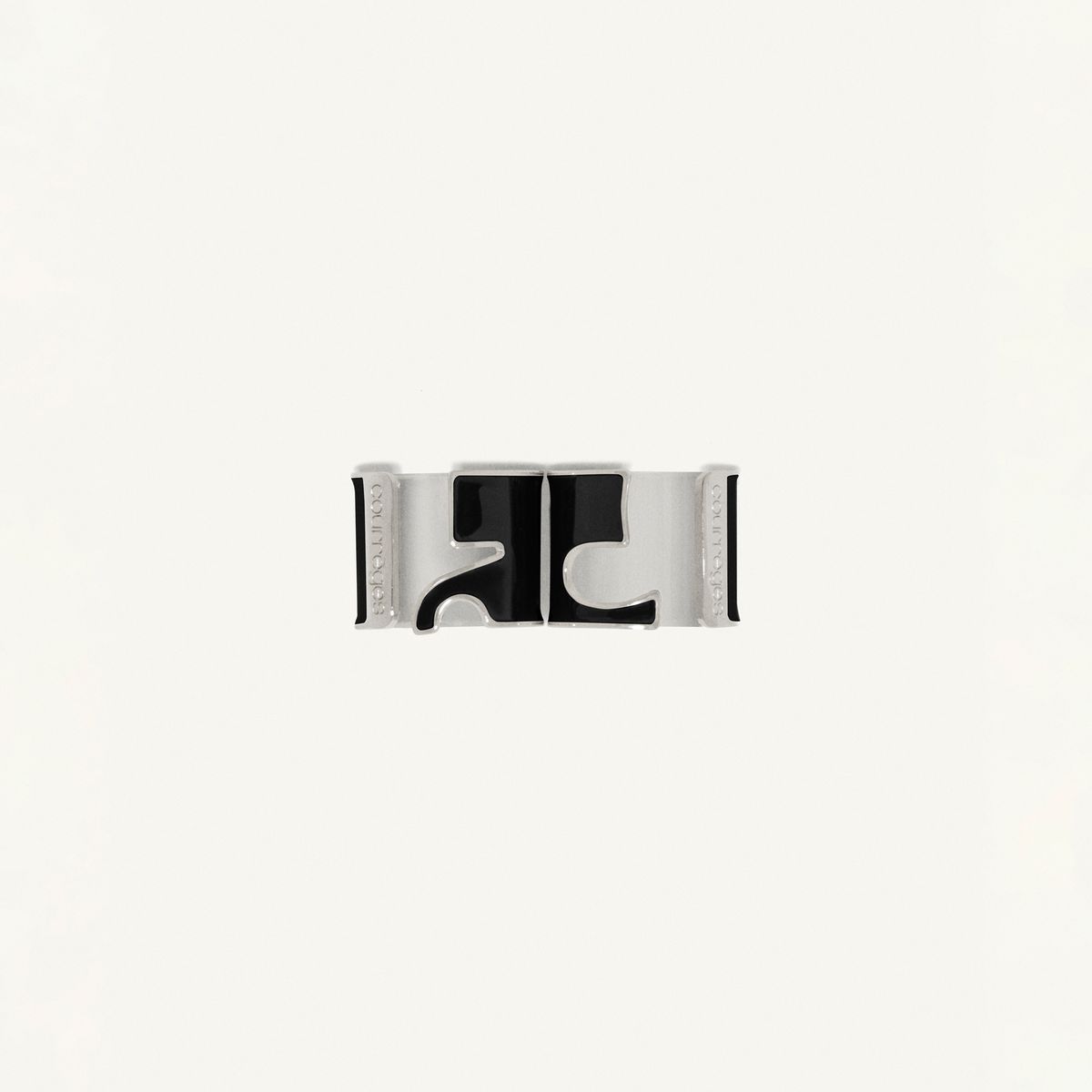 Elegant black and silver Courrèges belt with minimalist design, perfect for fashion-forward style.