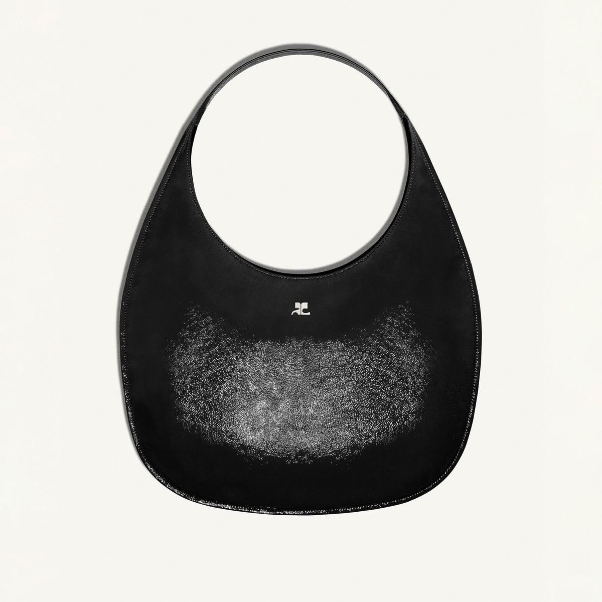 Elegant black leather handbag with silver embellishments, Courrèges fashion accessory.