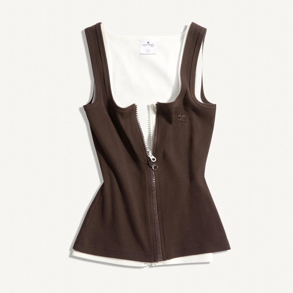 Elegant brown sleeveless zip-up top by Courrèges, perfect for modern fashion statements.