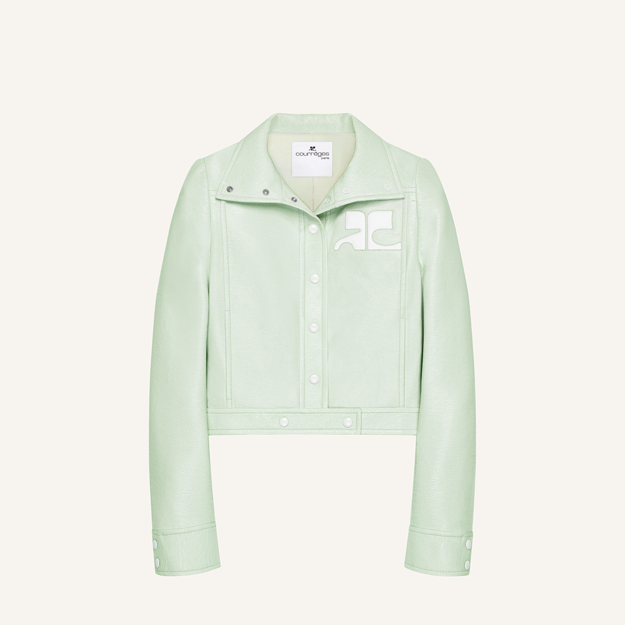 Elegant pastel green Courrèges leather jacket with logo, ideal for modern fashion lovers.