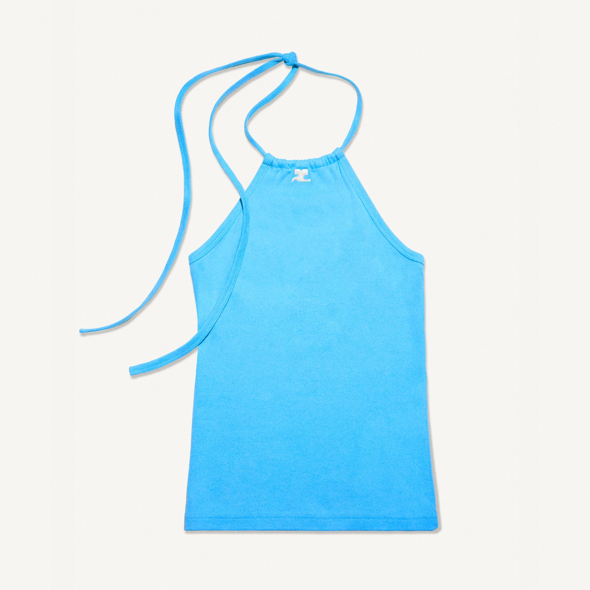 Elegant blue halter top by Courrèges, perfect for modern fashion enthusiasts.