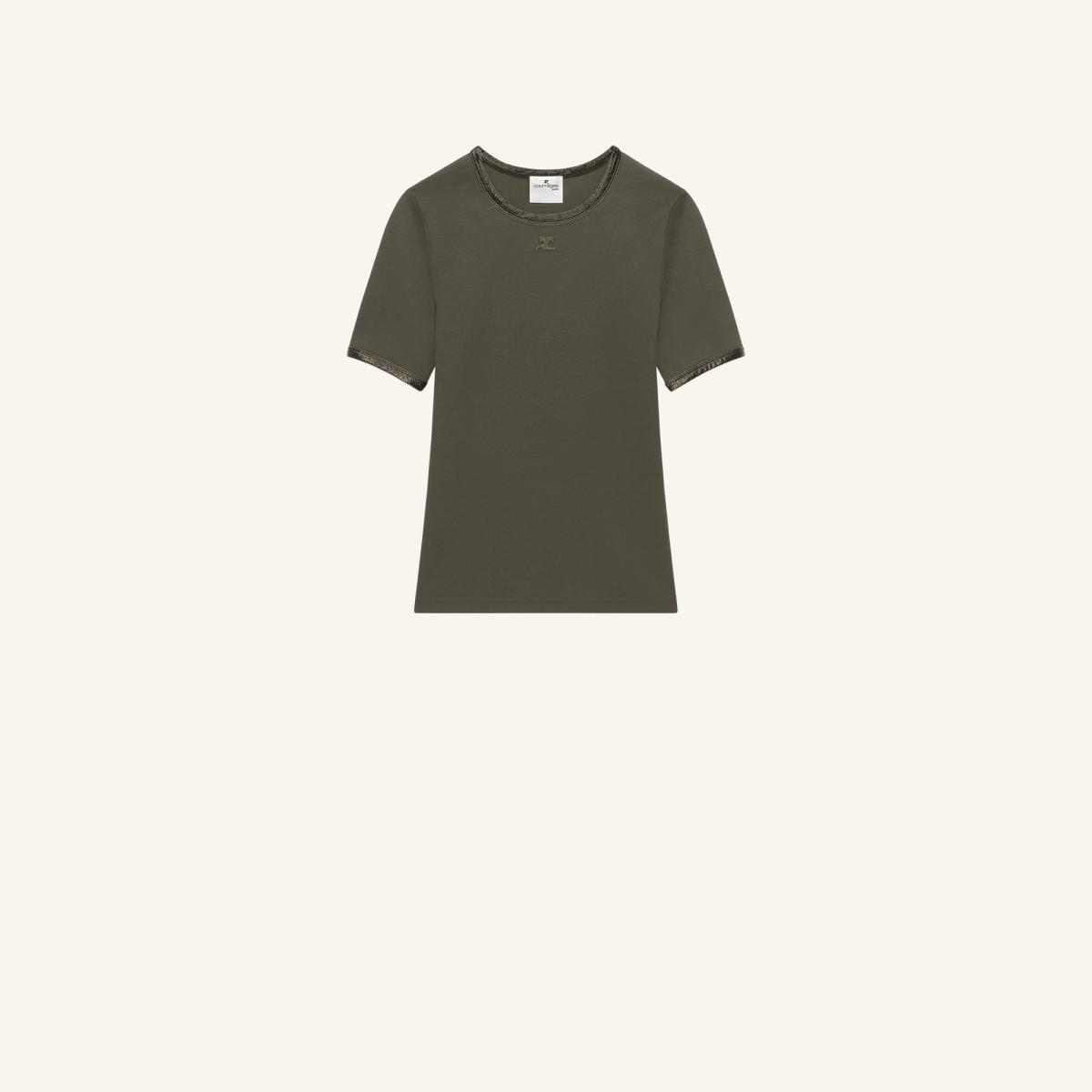 Elegant olive green Courrèges T-shirt with subtle logo accents, ideal for fashion enthusiasts.