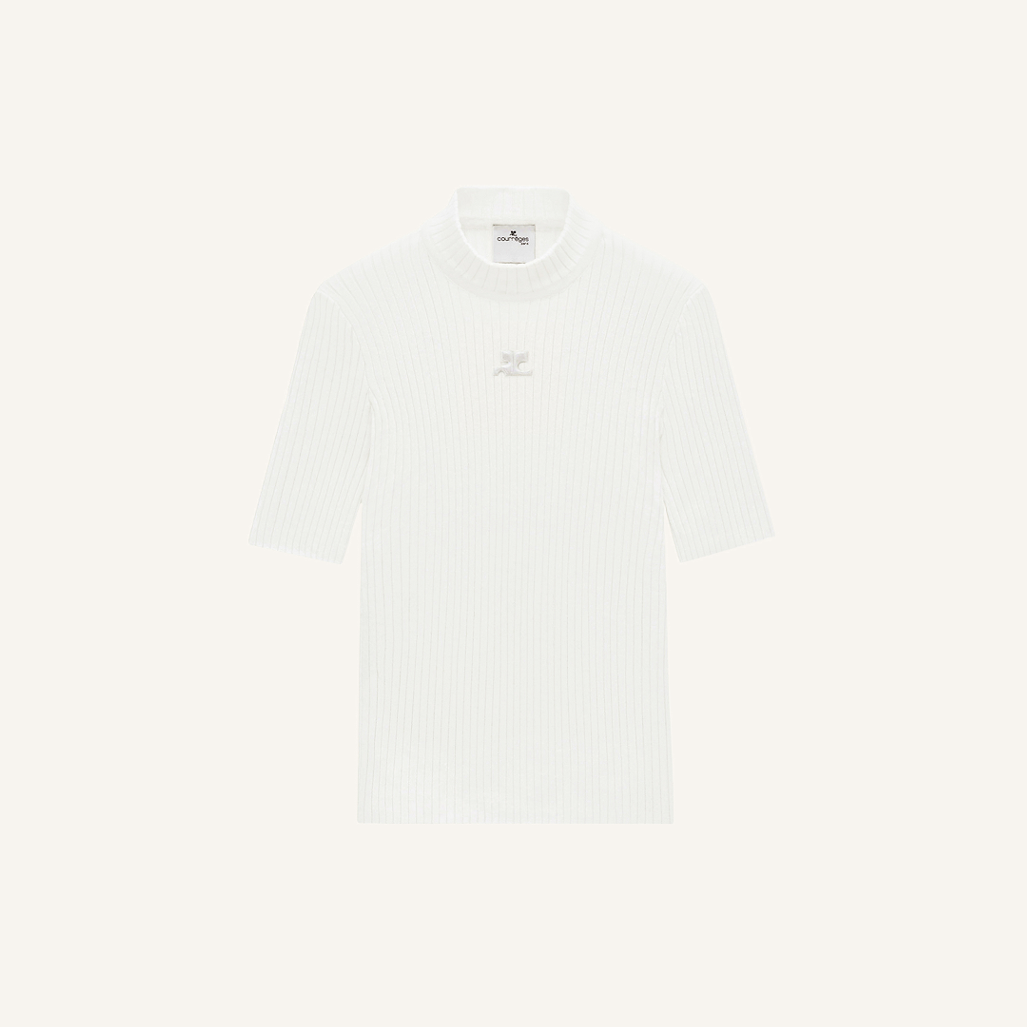 Elegant white ribbed knit turtleneck sweater from Courrèges, perfect for fashion-forward styling.