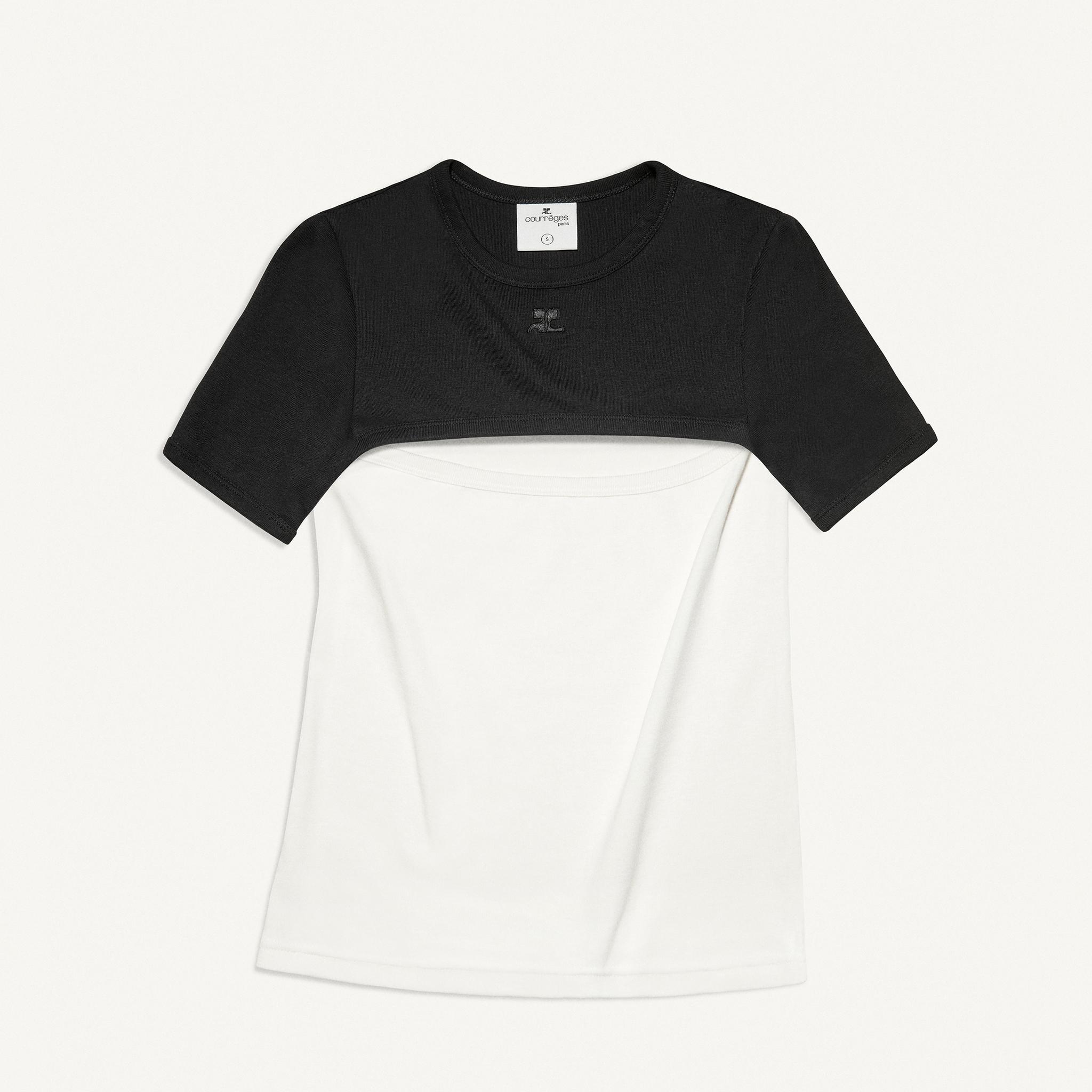 Elegant black and white layered T-shirt by Courrèges, perfect for modern fashion styles.