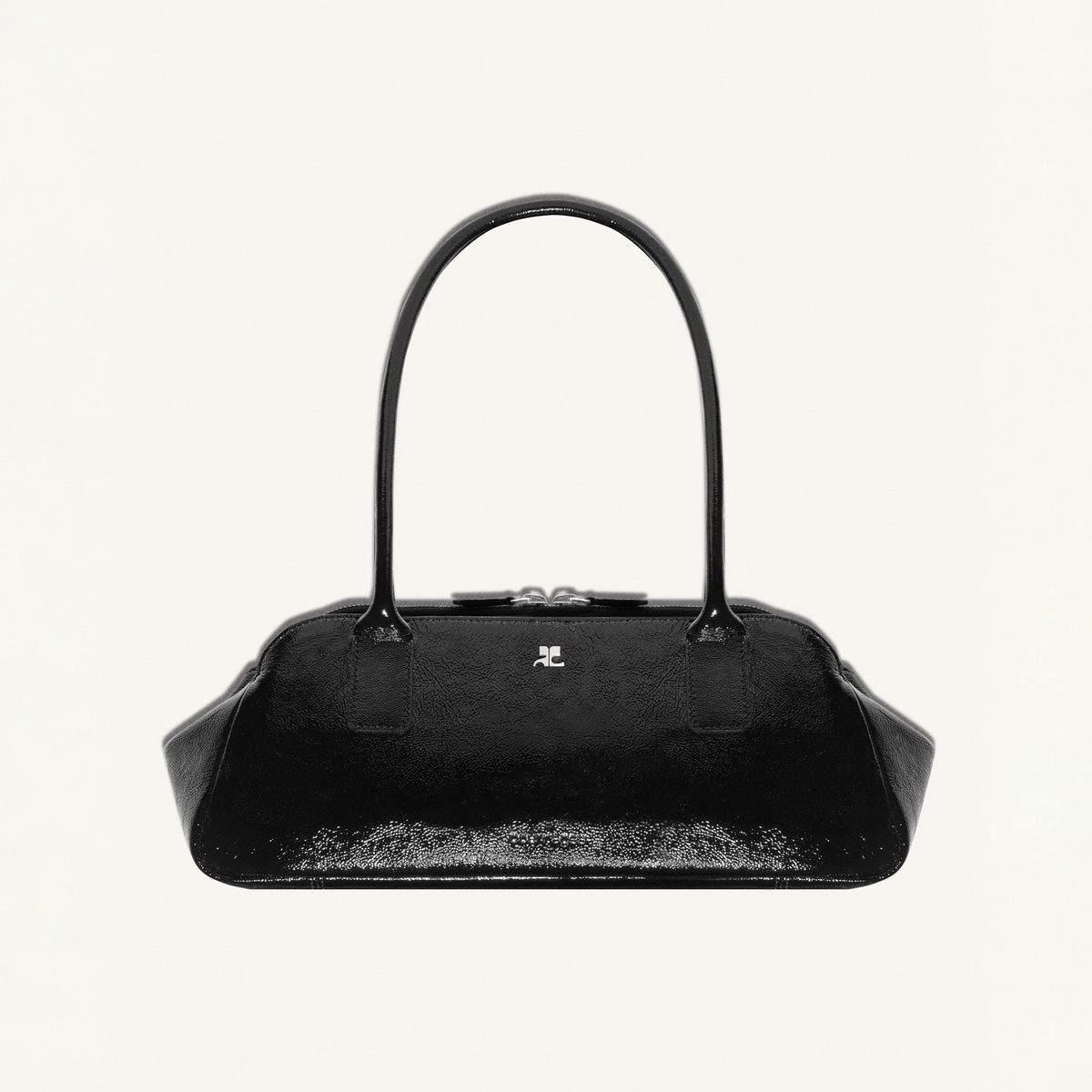 Elegant black leather handbag with minimalist design, perfect for Courrèges fashion style.